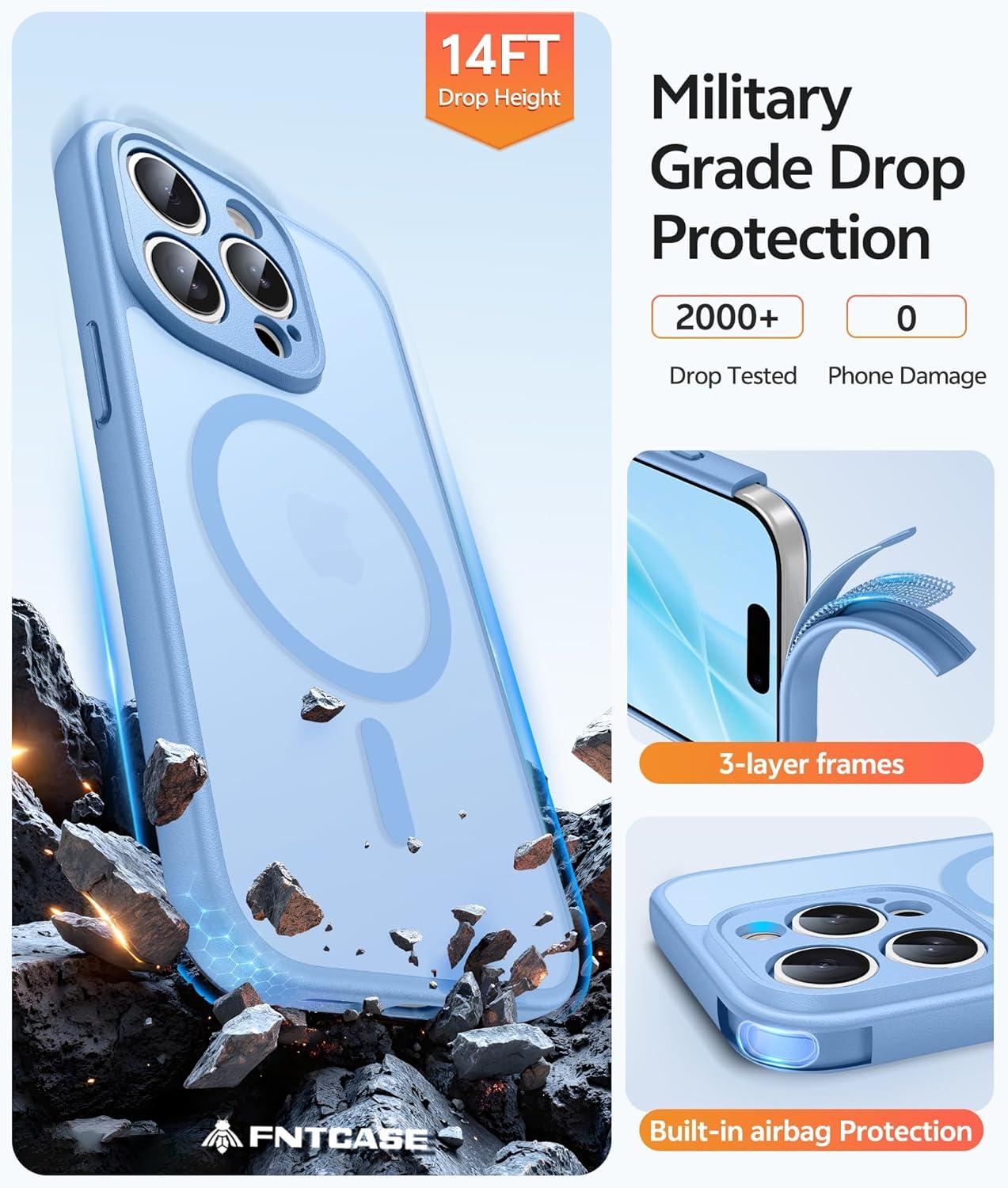 imageFNTCASE for iPhone 15 Pro Case Compatible with Magsafe Translucent Matte Magnetic Phone Cover Military Grade Drop Protection Shockproof Protective Cases BlackLight Blue