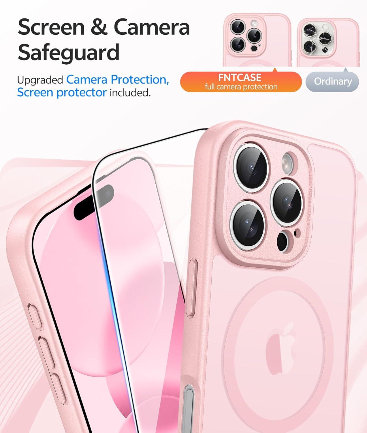 imageFNTCASE for iPhone 15 Pro Case Compatible with Magsafe Translucent Matte Magnetic Phone Cover Military Grade Drop Protection Shockproof Protective Cases BlackLight Pink