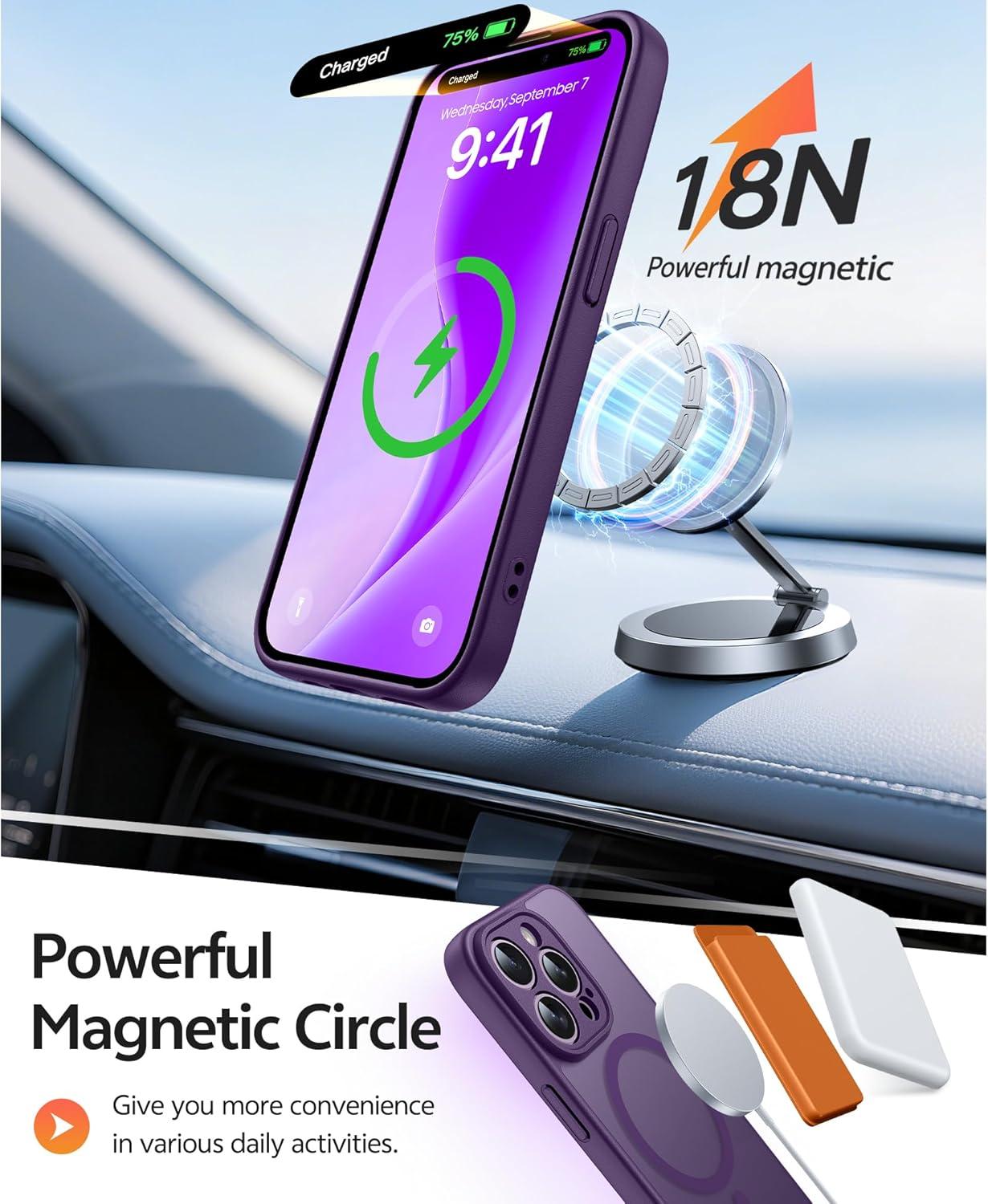 imageFNTCASE for iPhone 15 Pro Case Compatible with Magsafe Translucent Matte Magnetic Phone Cover Military Grade Drop Protection Shockproof Protective Cases BlackPurple