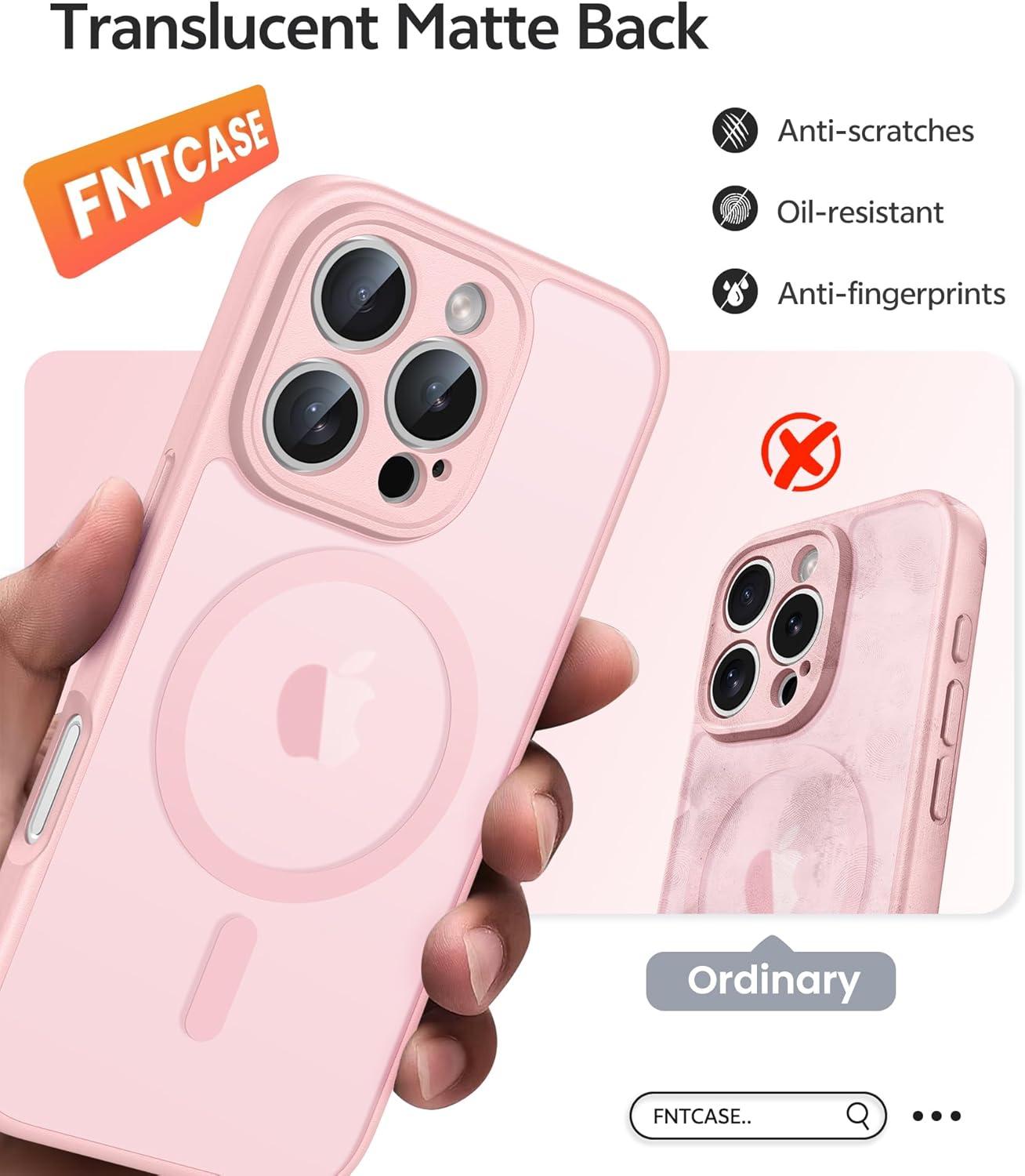imageFNTCASE for iPhone 15 Pro Case Compatible with Magsafe Translucent Matte Magnetic Phone Cover Military Grade Drop Protection Shockproof Protective Cases BlackLight Pink
