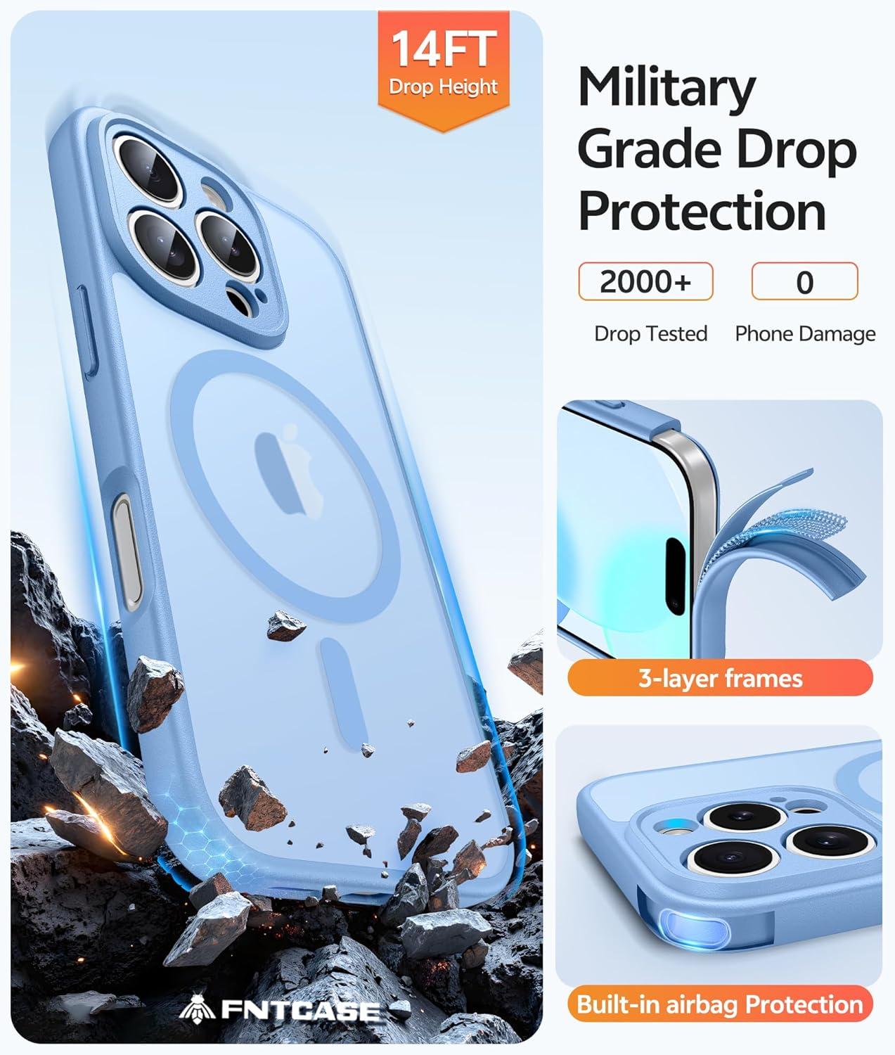 imageFNTCASE for iPhone 15 Pro Case Compatible with Magsafe Translucent Matte Magnetic Phone Cover Military Grade Drop Protection Shockproof Protective Cases BlackLight Blue