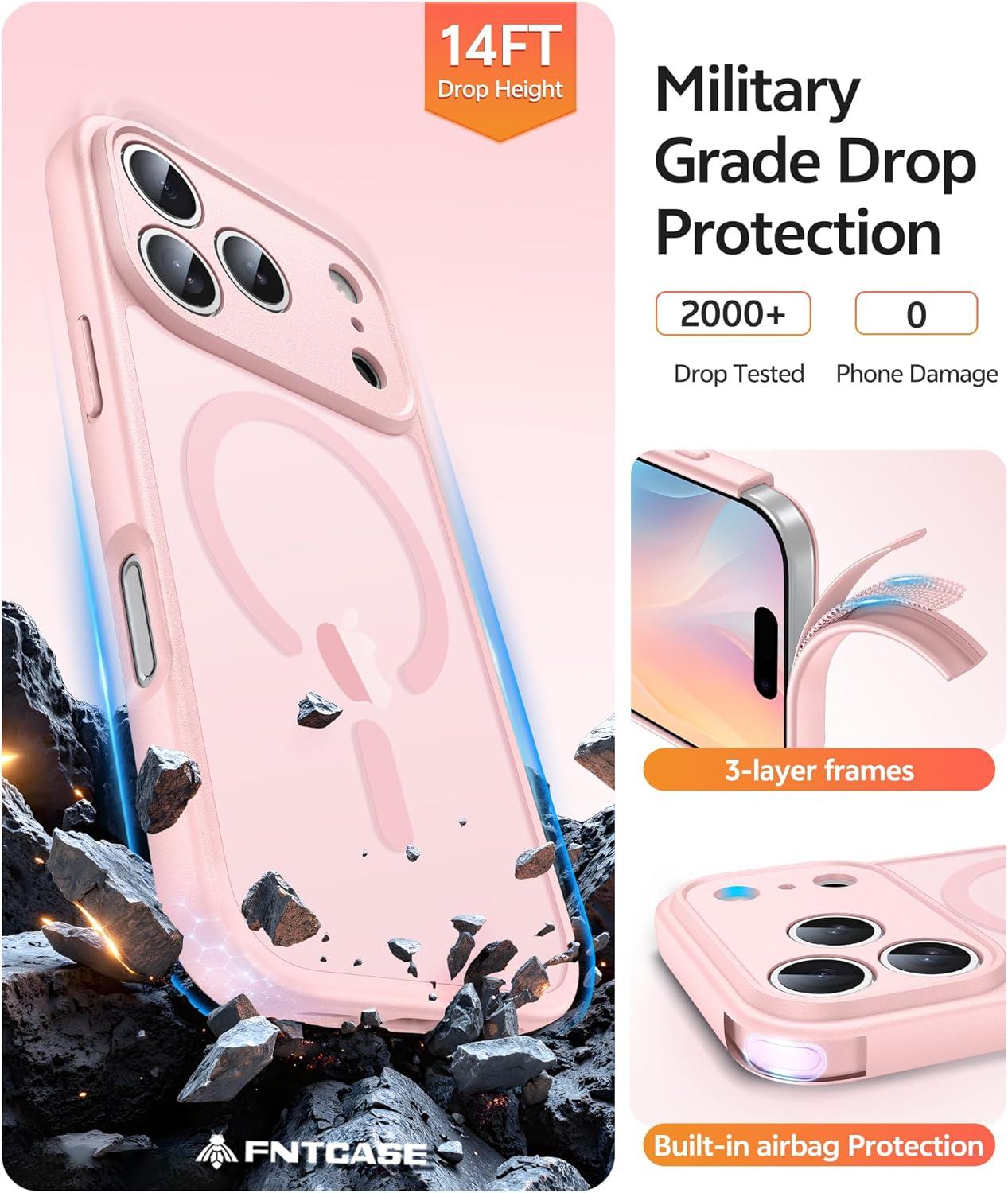 imageFNTCASE for iPhone 15 Pro Case Compatible with Magsafe Translucent Matte Magnetic Phone Cover Military Grade Drop Protection Shockproof Protective Cases BlackLight Pink