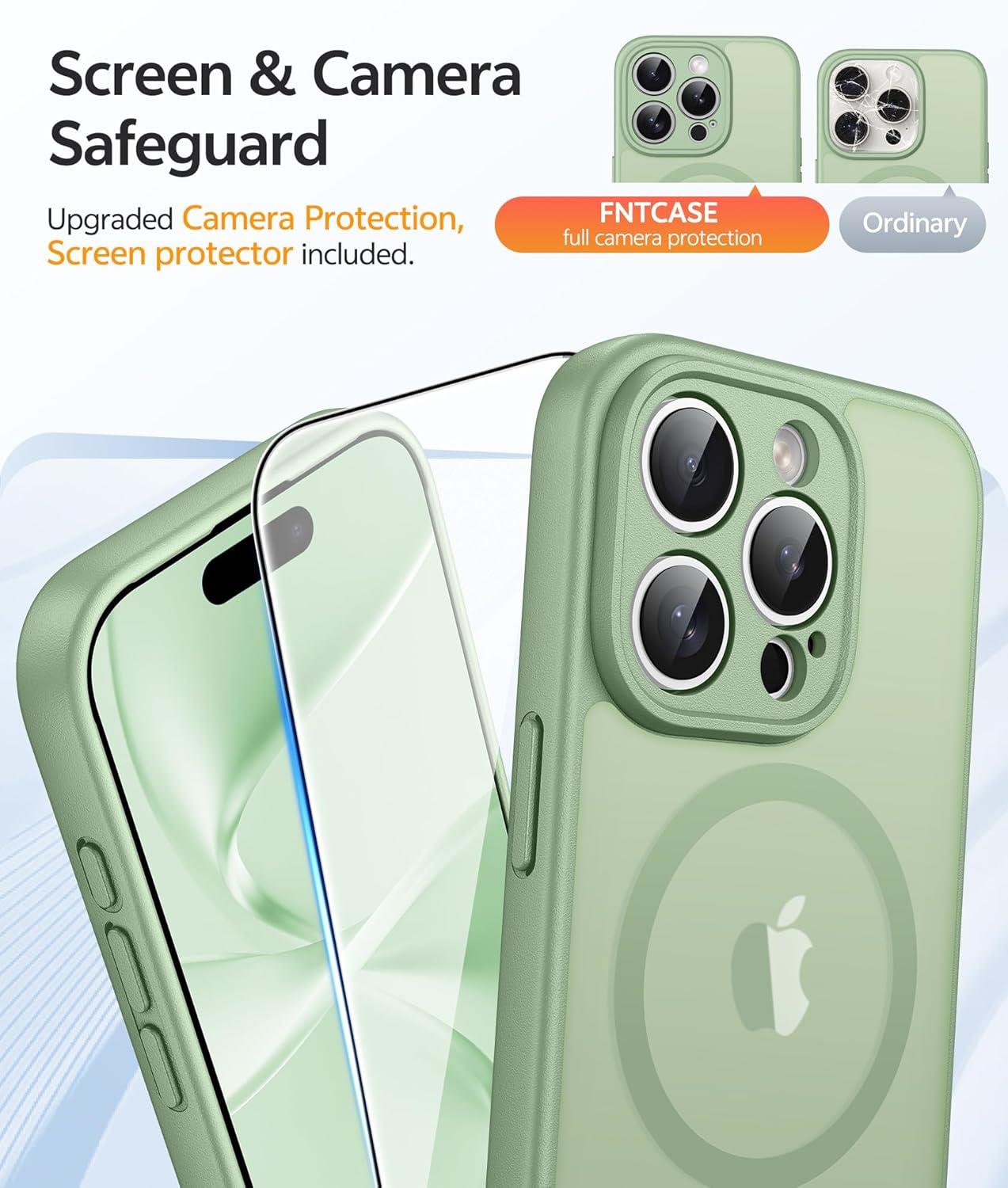 imageFNTCASE for iPhone 15 Pro Case Compatible with Magsafe Translucent Matte Magnetic Phone Cover Military Grade Drop Protection Shockproof Protective Cases BlackLight Moss