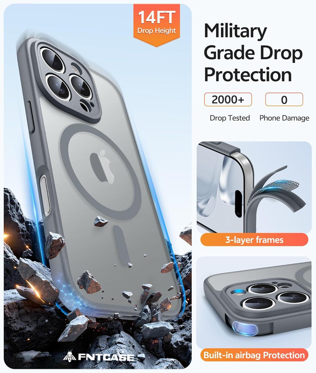 imageFNTCASE for iPhone 15 Pro Case Compatible with Magsafe Translucent Matte Magnetic Phone Cover Military Grade Drop Protection Shockproof Protective Cases BlackGray