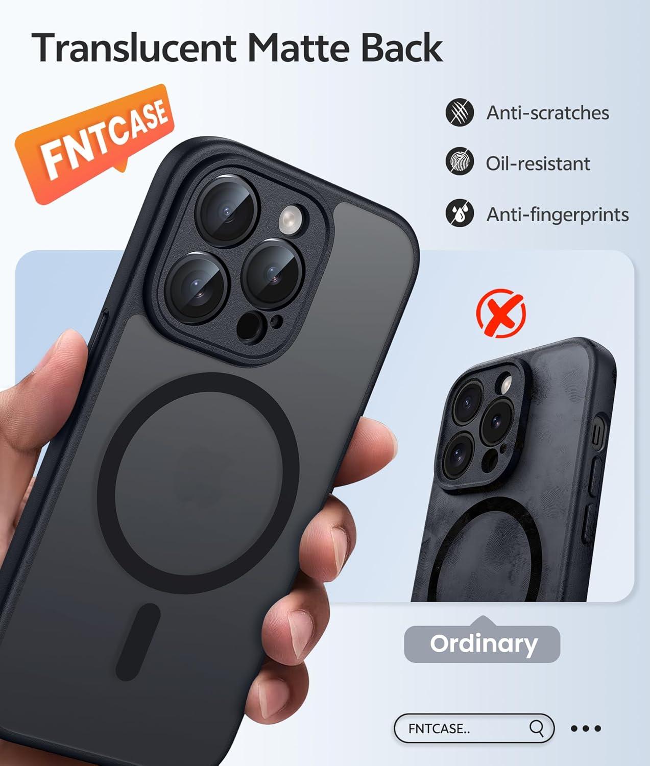 imageFNTCASE for iPhone 15 Pro Case Compatible with Magsafe Translucent Matte Magnetic Phone Cover Military Grade Drop Protection Shockproof Protective Cases BlackBlack