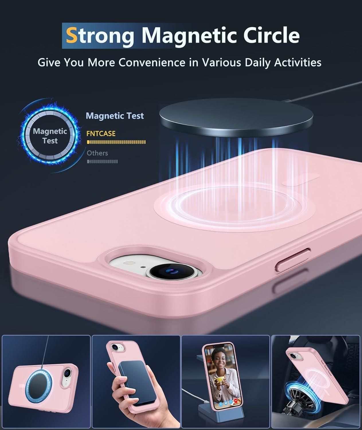 imageFNTCASE for iPhone 15 Pro Case Compatible with Magsafe Translucent Matte Magnetic Phone Cover Military Grade Drop Protection Shockproof Protective Cases BlackLight Pink