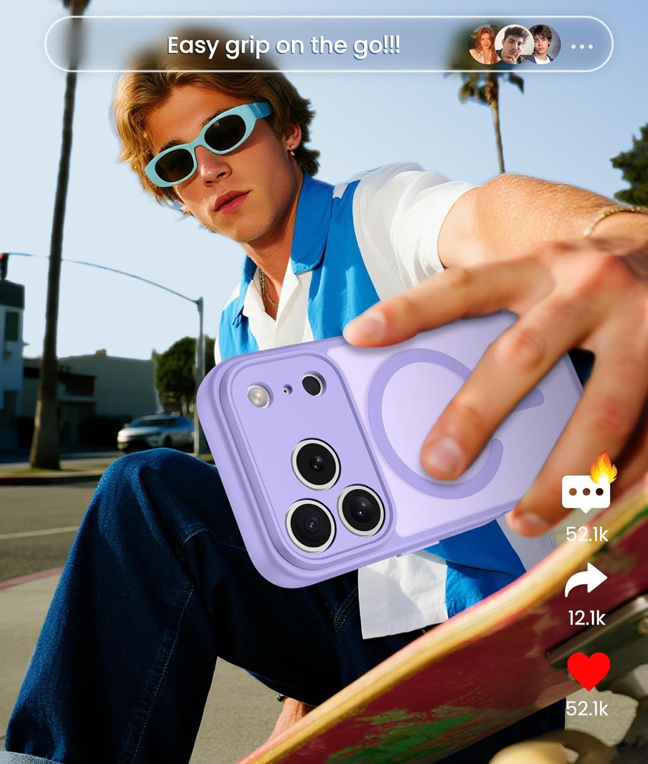 imageFNTCASE for iPhone 15 Pro Case Compatible with Magsafe Translucent Matte Magnetic Phone Cover Military Grade Drop Protection Shockproof Protective Cases BlackLight Purple