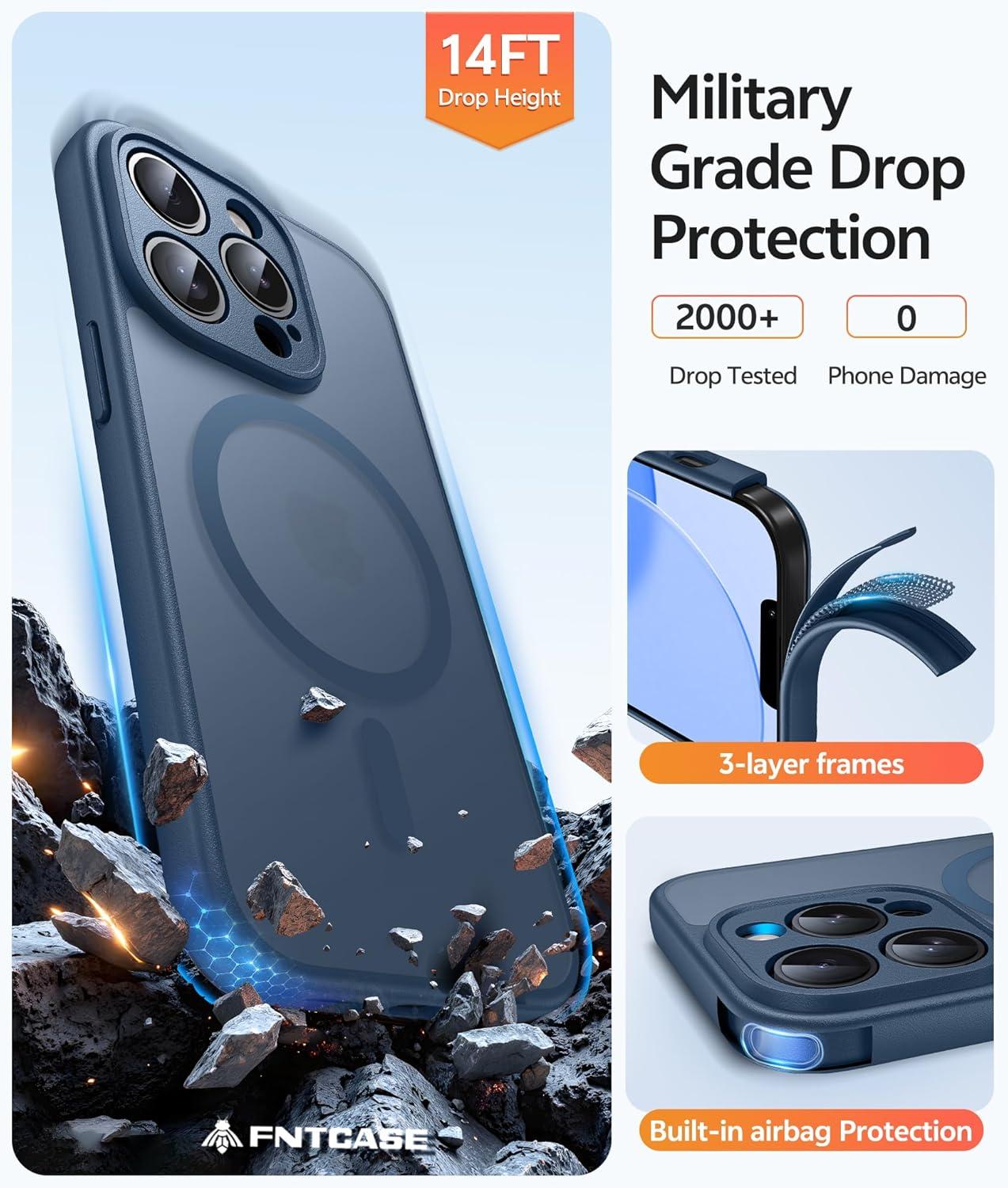 imageFNTCASE for iPhone 15 Pro Case Compatible with Magsafe Translucent Matte Magnetic Phone Cover Military Grade Drop Protection Shockproof Protective Cases BlackBlue
