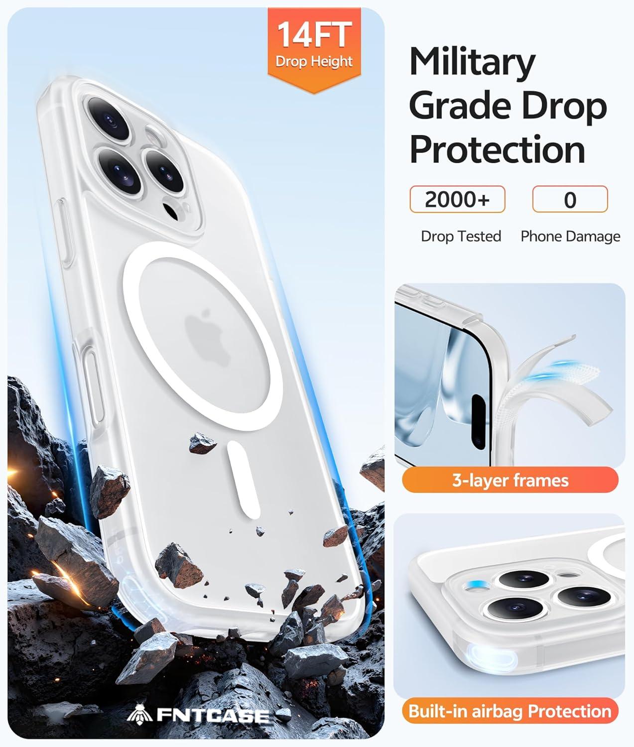 imageFNTCASE for iPhone 15 Pro Case Compatible with Magsafe Translucent Matte Magnetic Phone Cover Military Grade Drop Protection Shockproof Protective Cases BlackWhite