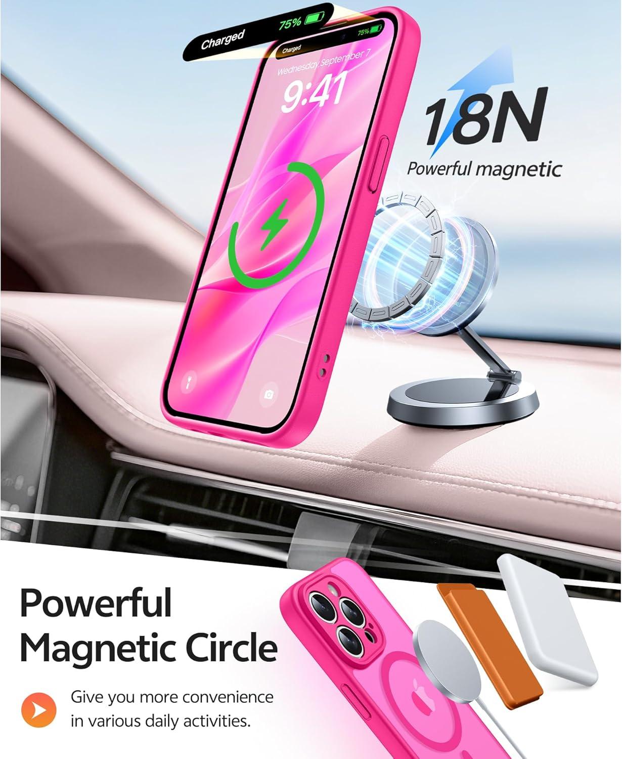 imageFNTCASE for iPhone 15 Pro Case Compatible with Magsafe Translucent Matte Magnetic Phone Cover Military Grade Drop Protection Shockproof Protective Cases BlackHot Pink