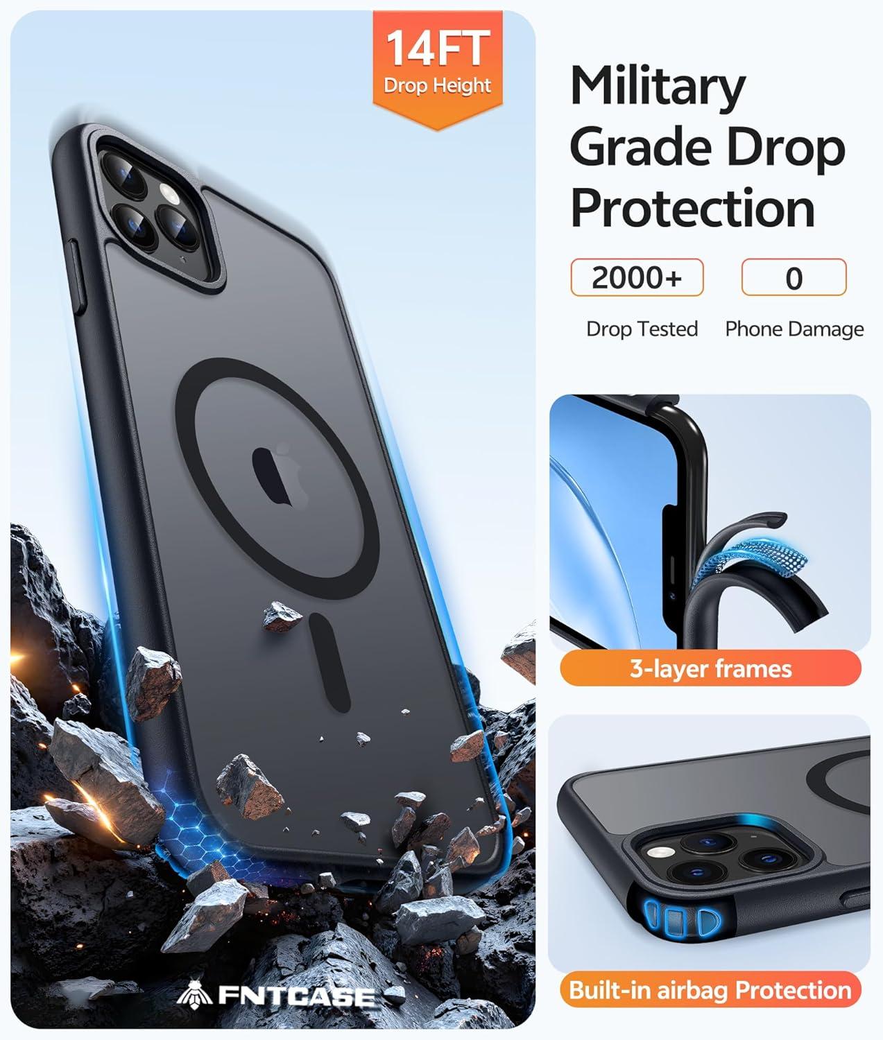 imageFNTCASE for iPhone 15 Pro Case Compatible with Magsafe Translucent Matte Magnetic Phone Cover Military Grade Drop Protection Shockproof Protective Cases BlackBlack