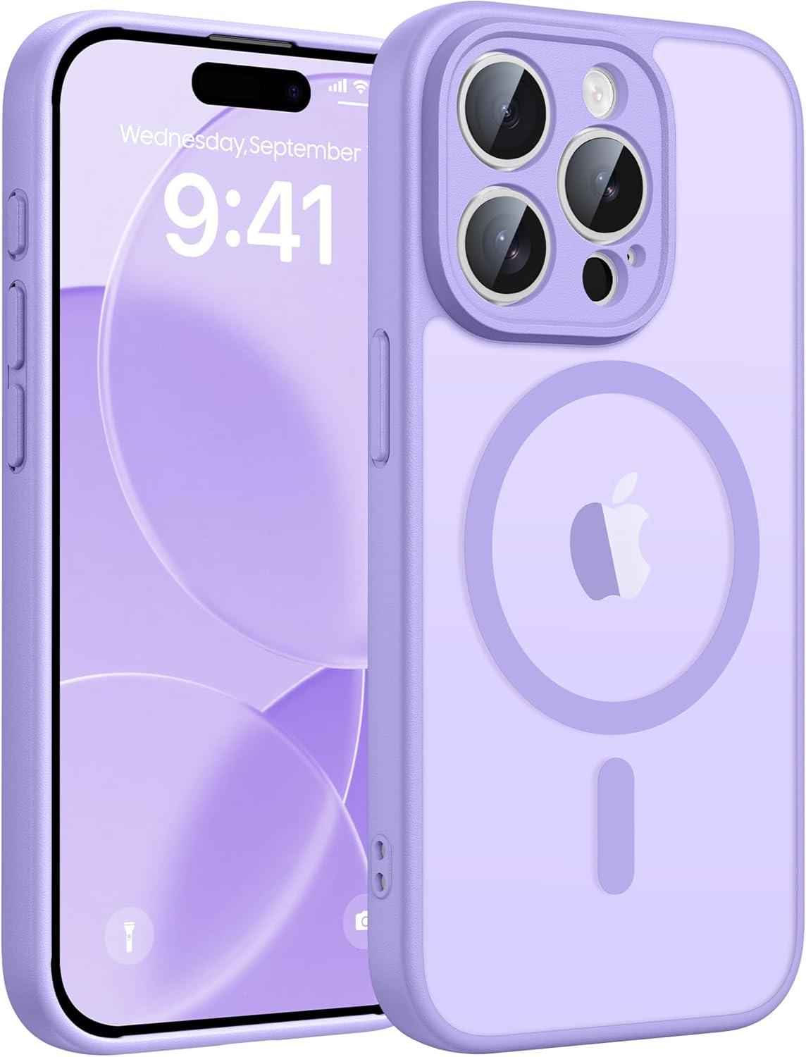 imageFNTCASE for iPhone 15 Pro Case Compatible with Magsafe Translucent Matte Magnetic Phone Cover Military Grade Drop Protection Shockproof Protective Cases BlackLight Purple