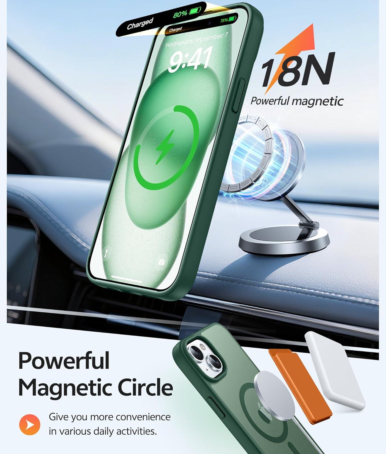 imageFNTCASE for iPhone 15 Pro Case Compatible with Magsafe Translucent Matte Magnetic Phone Cover Military Grade Drop Protection Shockproof Protective Cases BlackGreen