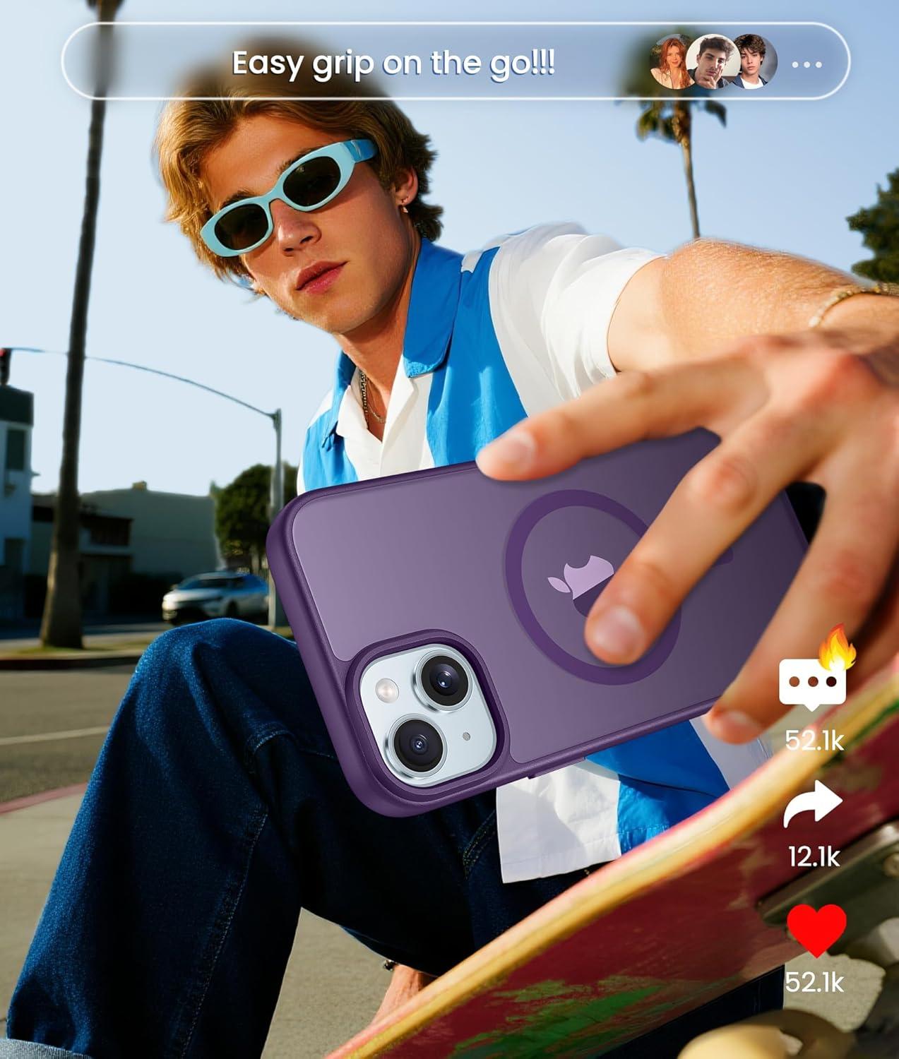 imageFNTCASE for iPhone 15 Pro Case Compatible with Magsafe Translucent Matte Magnetic Phone Cover Military Grade Drop Protection Shockproof Protective Cases BlackPurple