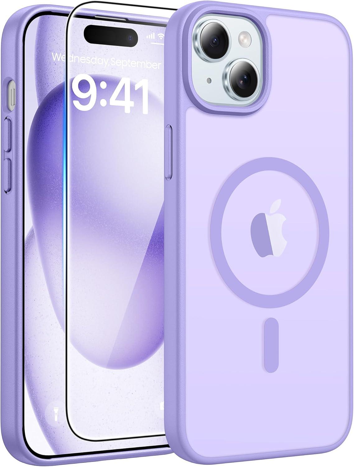 imageFNTCASE for iPhone 15 Pro Case Compatible with Magsafe Translucent Matte Magnetic Phone Cover Military Grade Drop Protection Shockproof Protective Cases BlackLight Purple