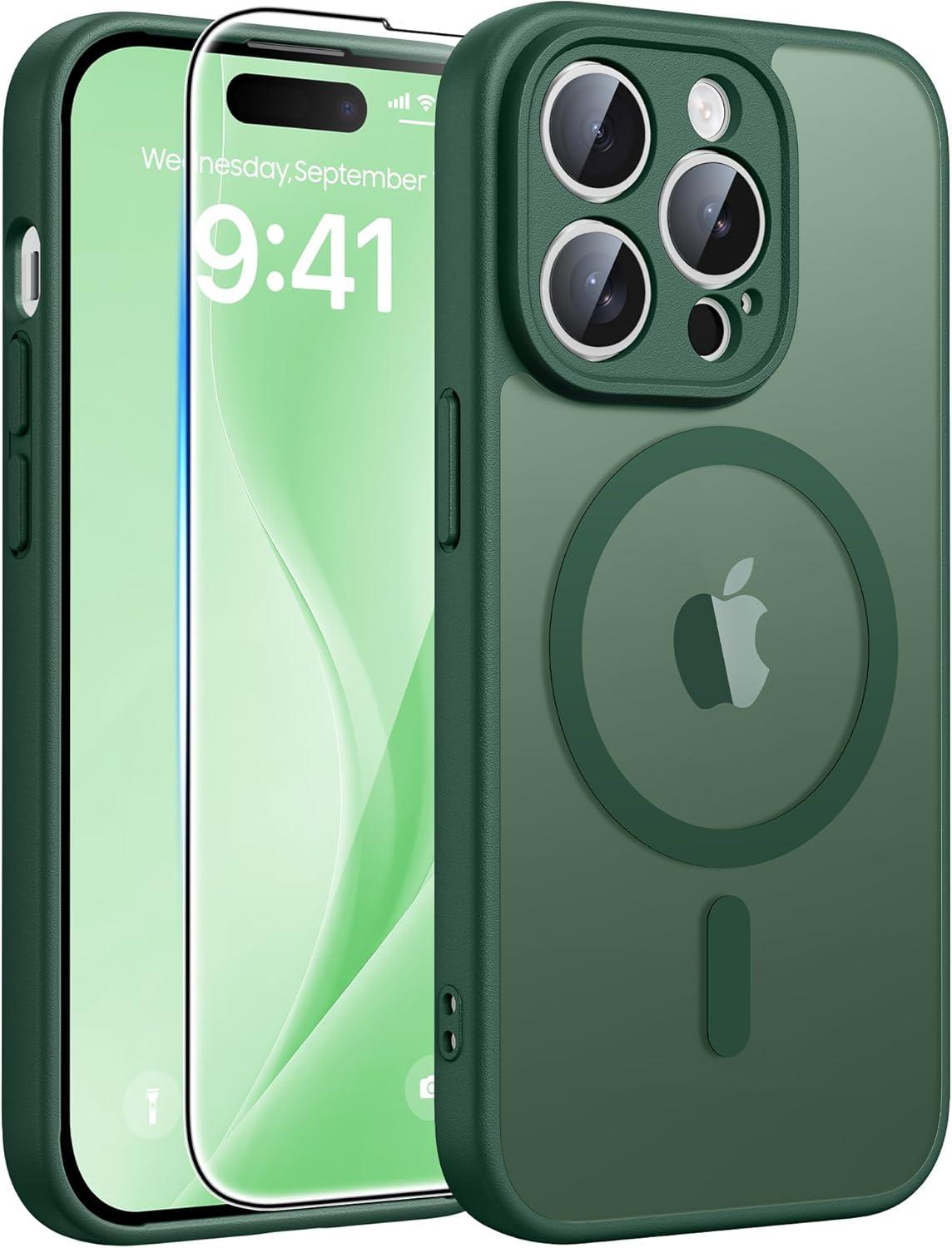 imageFNTCASE for iPhone 15 Pro Case Compatible with Magsafe Translucent Matte Magnetic Phone Cover Military Grade Drop Protection Shockproof Protective Cases BlackGreen