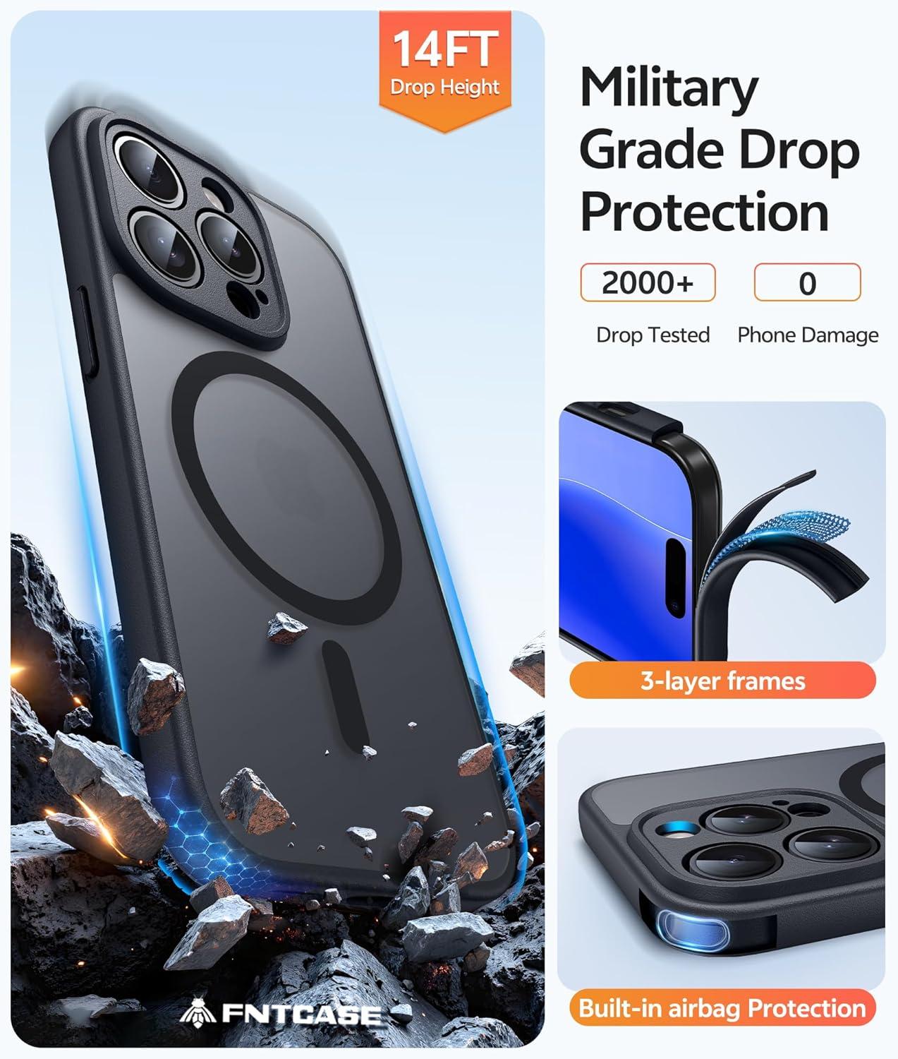 imageFNTCASE for iPhone 15 Pro Case Compatible with Magsafe Translucent Matte Magnetic Phone Cover Military Grade Drop Protection Shockproof Protective Cases BlackBlack