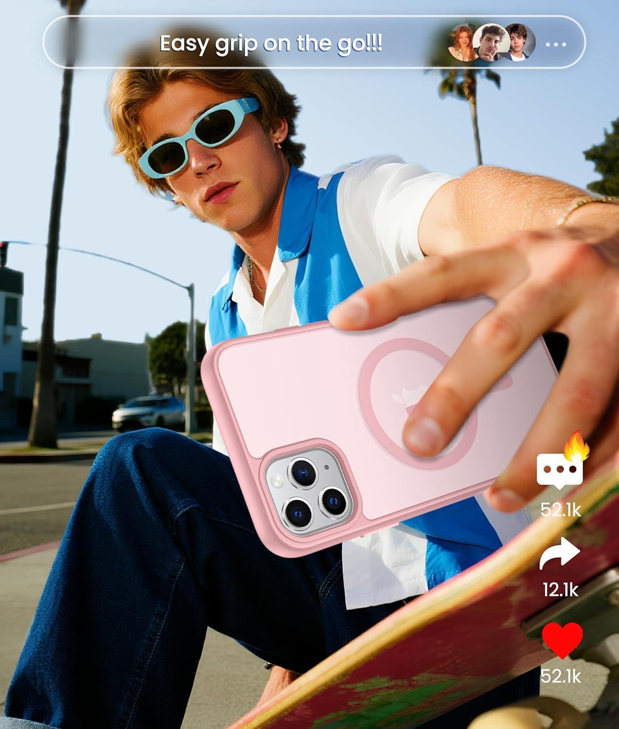 imageFNTCASE for iPhone 15 Pro Case Compatible with Magsafe Translucent Matte Magnetic Phone Cover Military Grade Drop Protection Shockproof Protective Cases BlackLight Pink