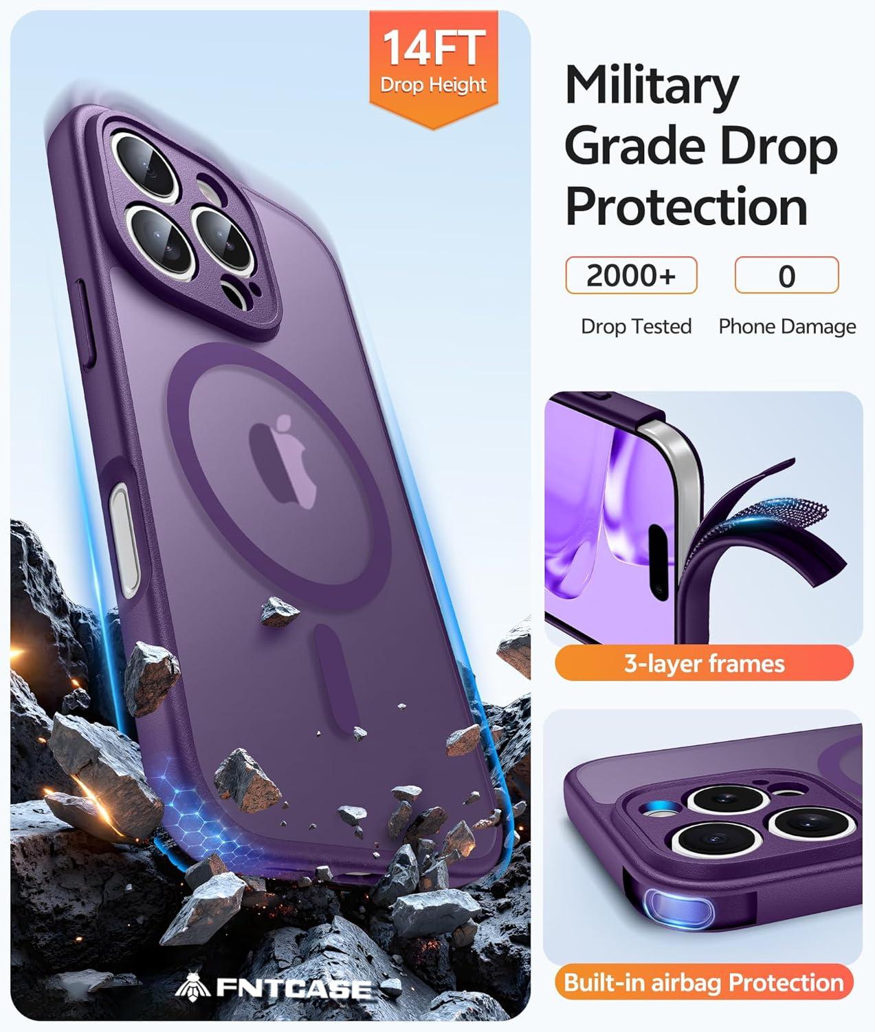 imageFNTCASE for iPhone 15 Pro Case Compatible with Magsafe Translucent Matte Magnetic Phone Cover Military Grade Drop Protection Shockproof Protective Cases BlackPurple