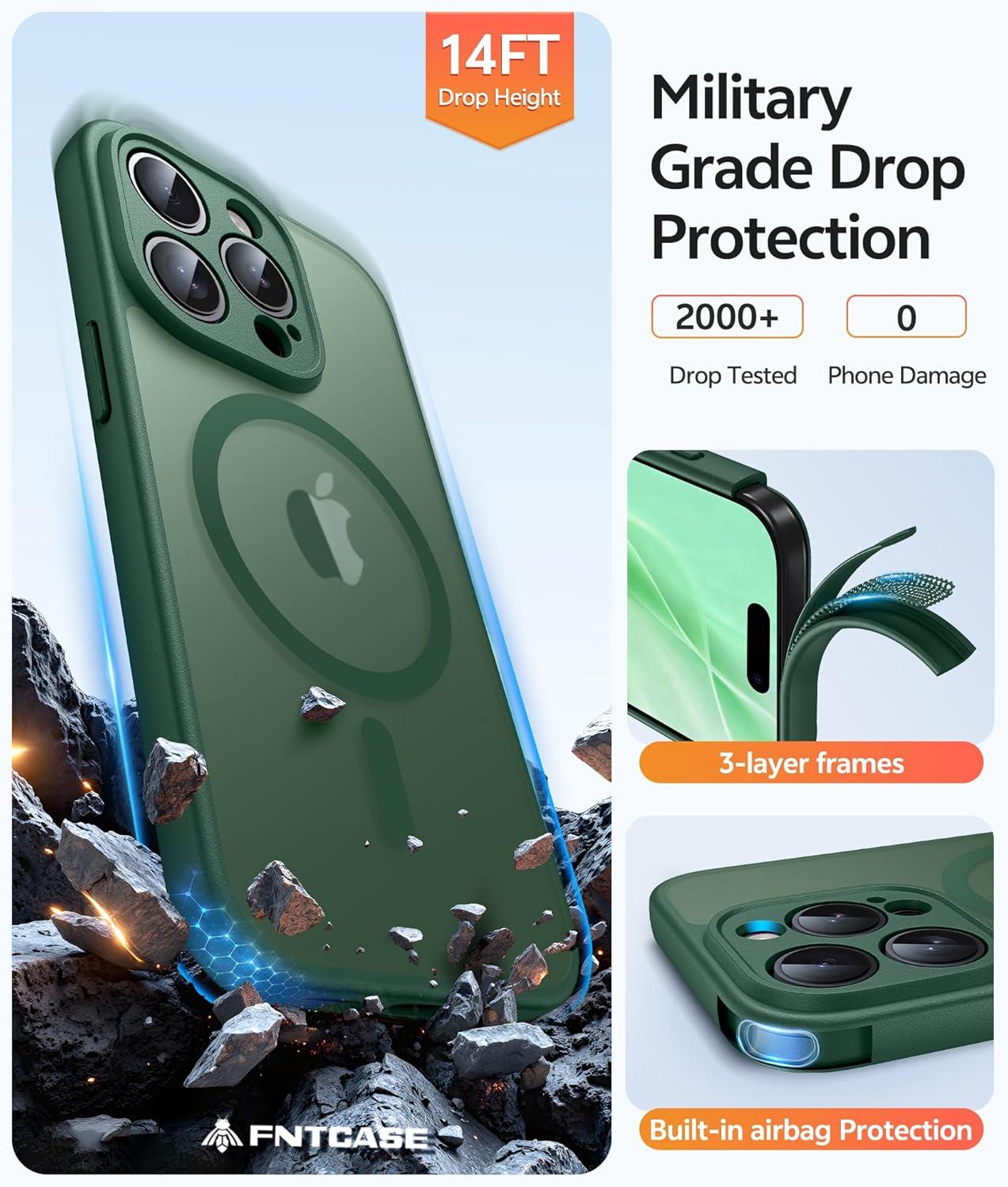 imageFNTCASE for iPhone 15 Pro Case Compatible with Magsafe Translucent Matte Magnetic Phone Cover Military Grade Drop Protection Shockproof Protective Cases BlackGreen