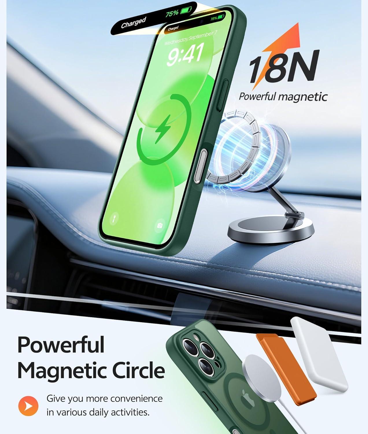 imageFNTCASE for iPhone 15 Pro Case Compatible with Magsafe Translucent Matte Magnetic Phone Cover Military Grade Drop Protection Shockproof Protective Cases BlackGreen