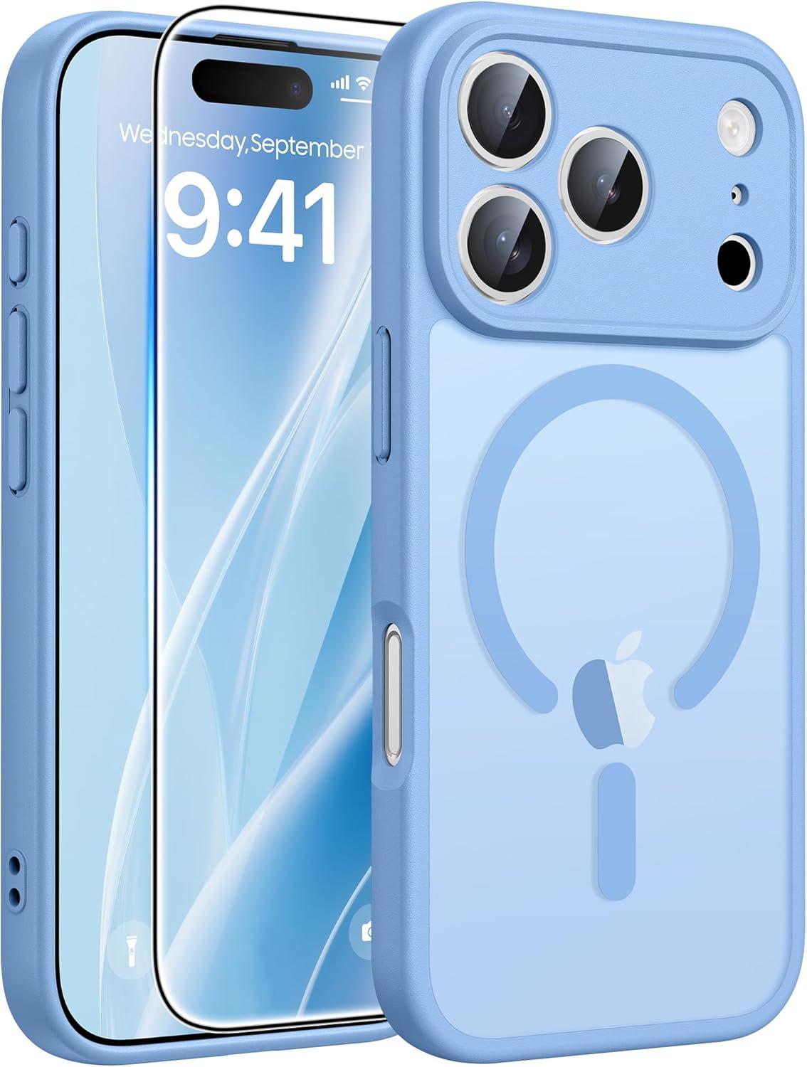 imageFNTCASE for iPhone 15 Pro Case Compatible with Magsafe Translucent Matte Magnetic Phone Cover Military Grade Drop Protection Shockproof Protective Cases BlackLight Blue