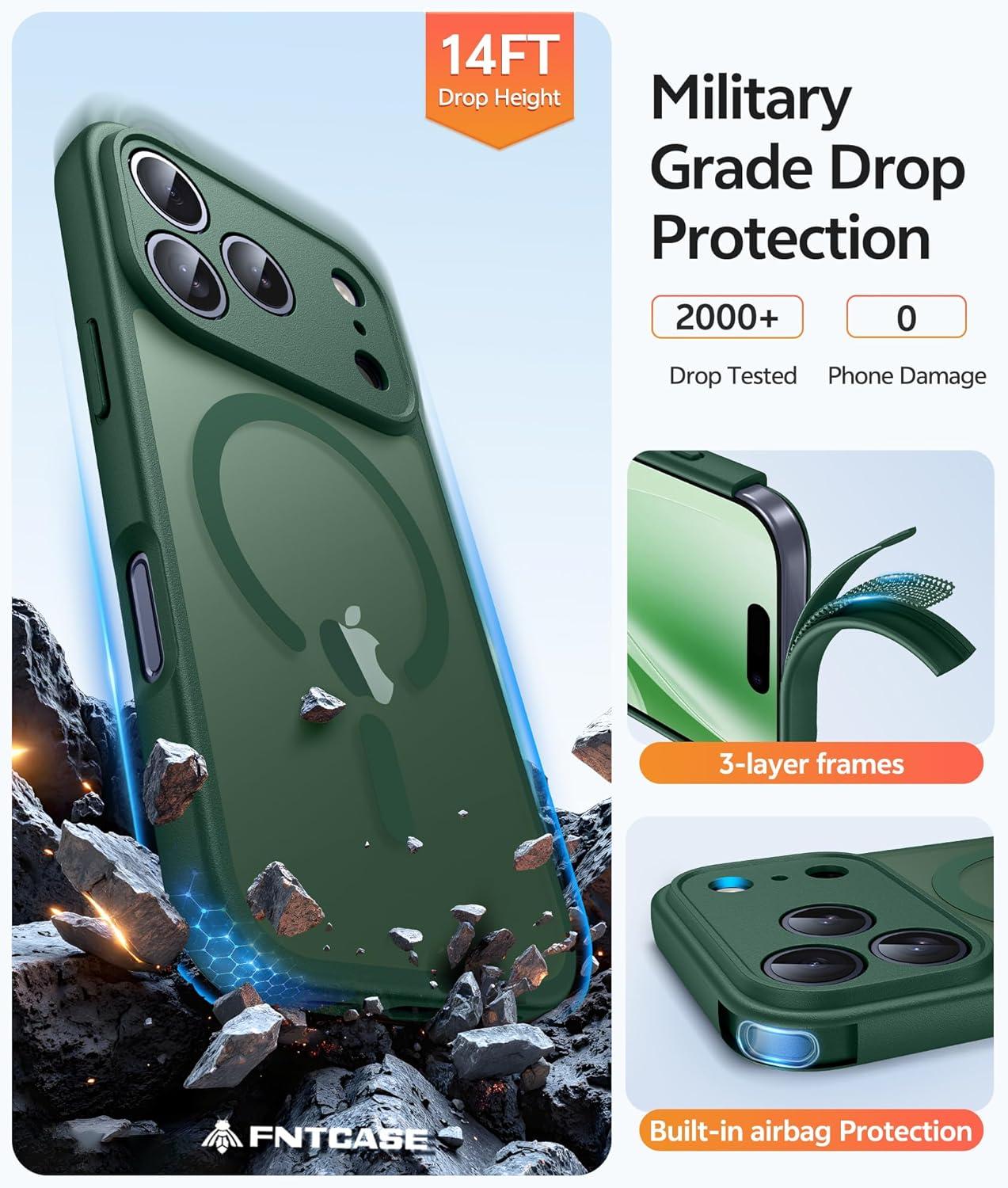 imageFNTCASE for iPhone 15 Pro Case Compatible with Magsafe Translucent Matte Magnetic Phone Cover Military Grade Drop Protection Shockproof Protective Cases BlackGreen