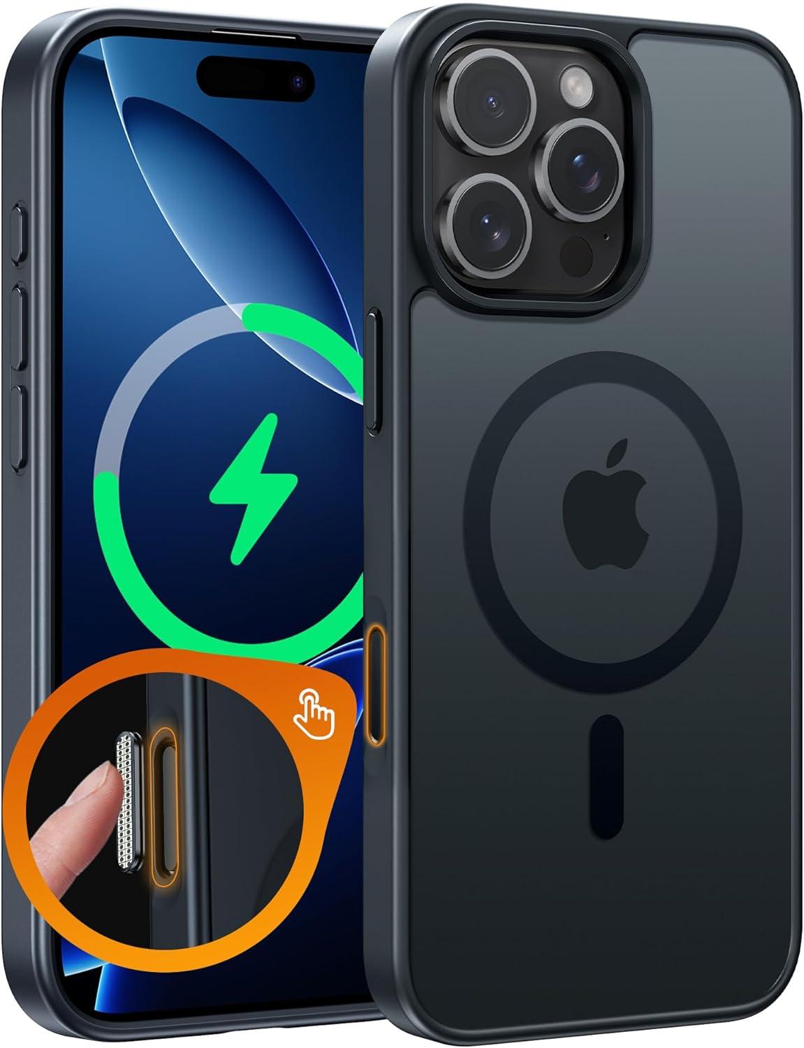 imageFNTCASE for iPhone 15 Pro Case Compatible with Magsafe Translucent Matte Magnetic Phone Cover Military Grade Drop Protection Shockproof Protective Cases BlackBlackT