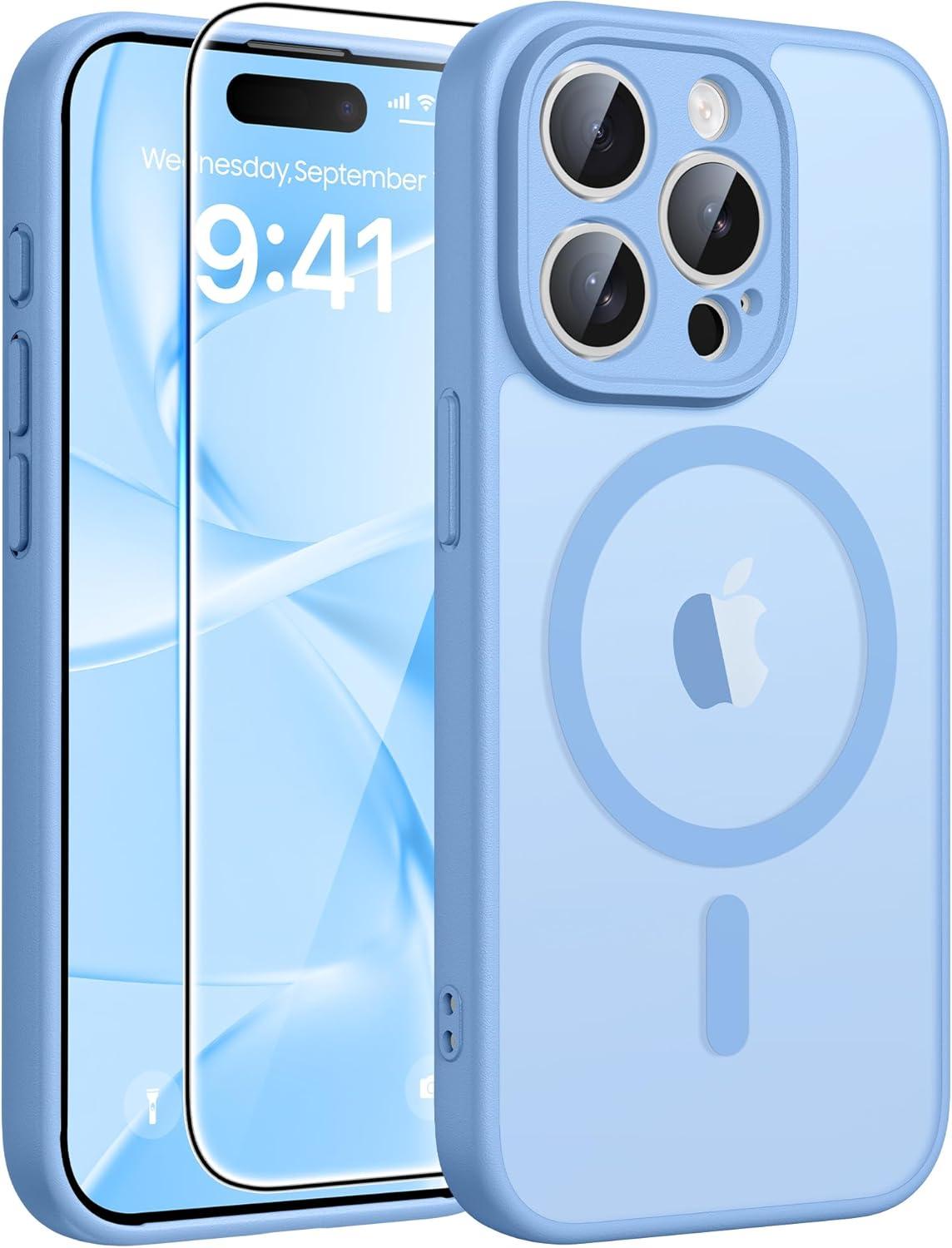 imageFNTCASE for iPhone 15 Pro Case Compatible with Magsafe Translucent Matte Magnetic Phone Cover Military Grade Drop Protection Shockproof Protective Cases BlackLight Blue