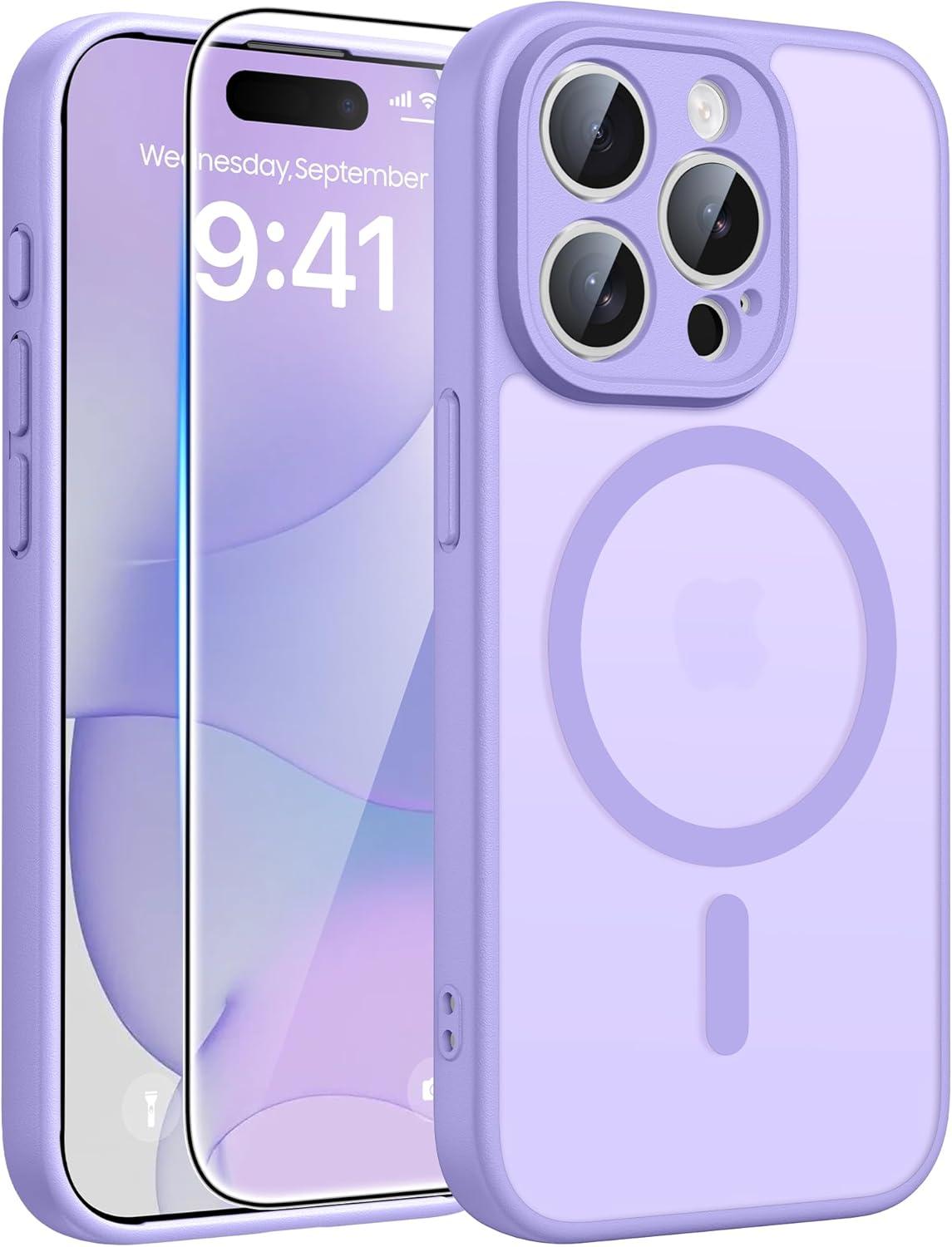 imageFNTCASE for iPhone 15 Pro Case Compatible with Magsafe Translucent Matte Magnetic Phone Cover Military Grade Drop Protection Shockproof Protective Cases BlackLight Purple