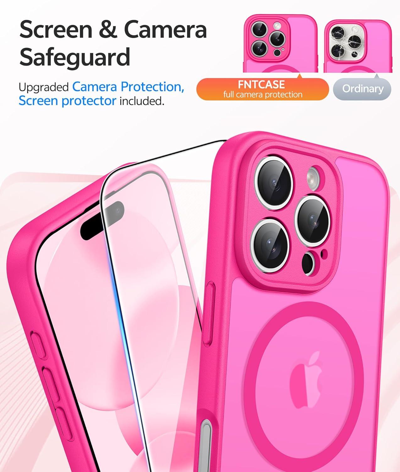 imageFNTCASE for iPhone 15 Pro Case Compatible with Magsafe Translucent Matte Magnetic Phone Cover Military Grade Drop Protection Shockproof Protective Cases BlackHot Pink