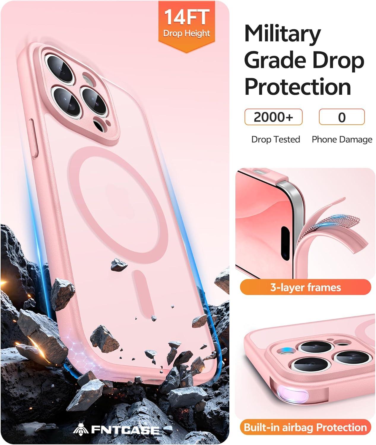 imageFNTCASE for iPhone 15 Pro Case Compatible with Magsafe Translucent Matte Magnetic Phone Cover Military Grade Drop Protection Shockproof Protective Cases BlackLight Pink