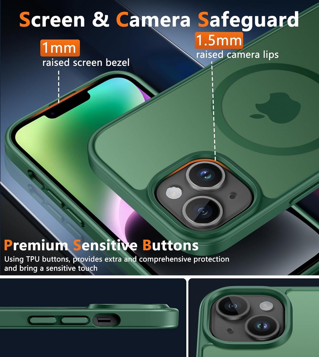 imageFNTCASE for iPhone 15 Pro Case Compatible with Magsafe Translucent Matte Magnetic Phone Cover Military Grade Drop Protection Shockproof Protective Cases BlackGreen
