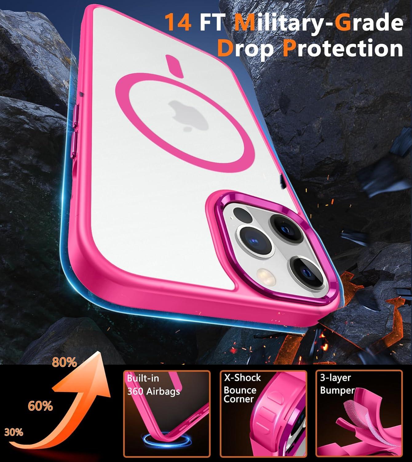 imageFNTCASE for iPhone 15 Pro Case Compatible with Magsafe Translucent Matte Magnetic Phone Cover Military Grade Drop Protection Shockproof Protective Cases BlackHot Pink