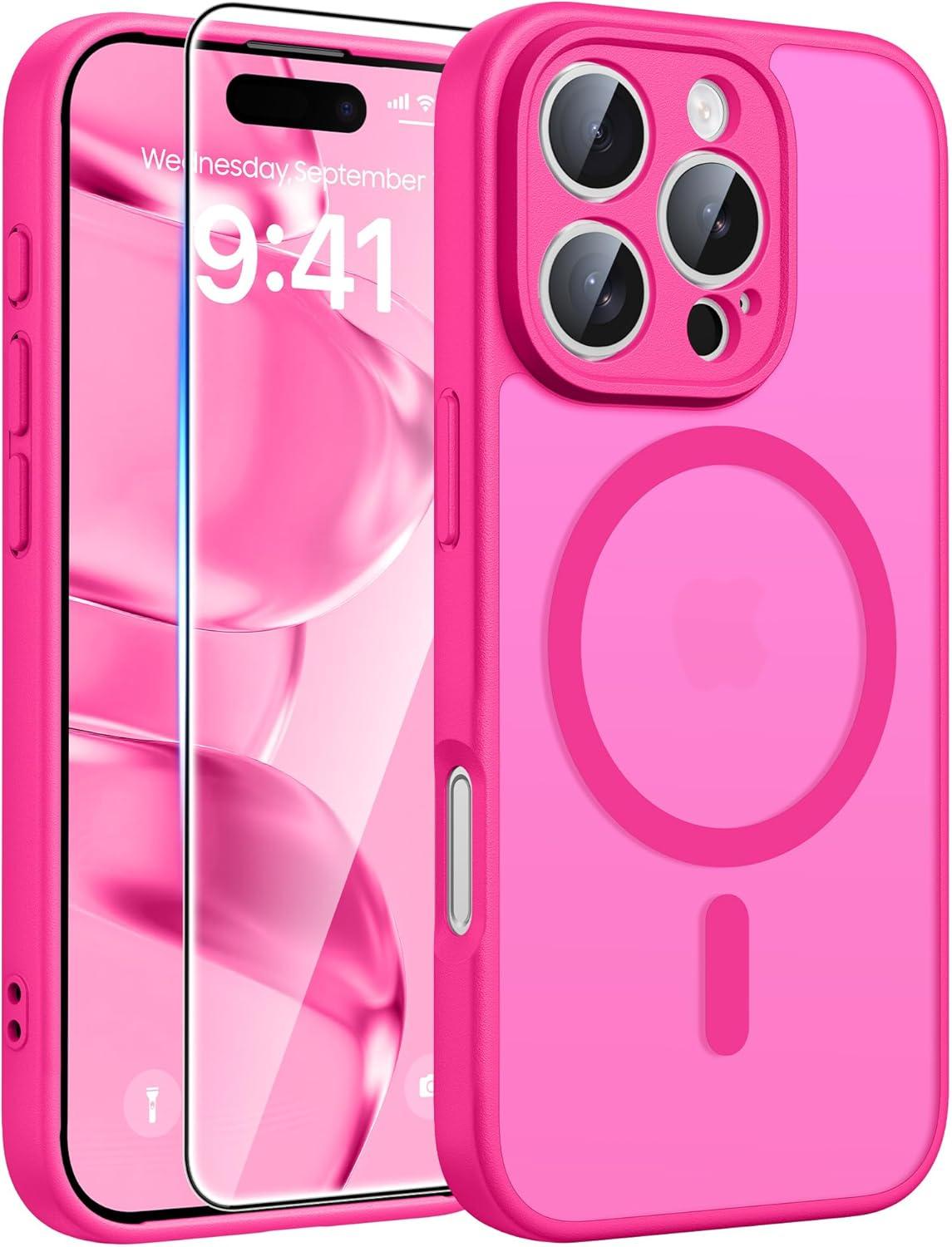 imageFNTCASE for iPhone 15 Pro Case Compatible with Magsafe Translucent Matte Magnetic Phone Cover Military Grade Drop Protection Shockproof Protective Cases BlackHot Pink