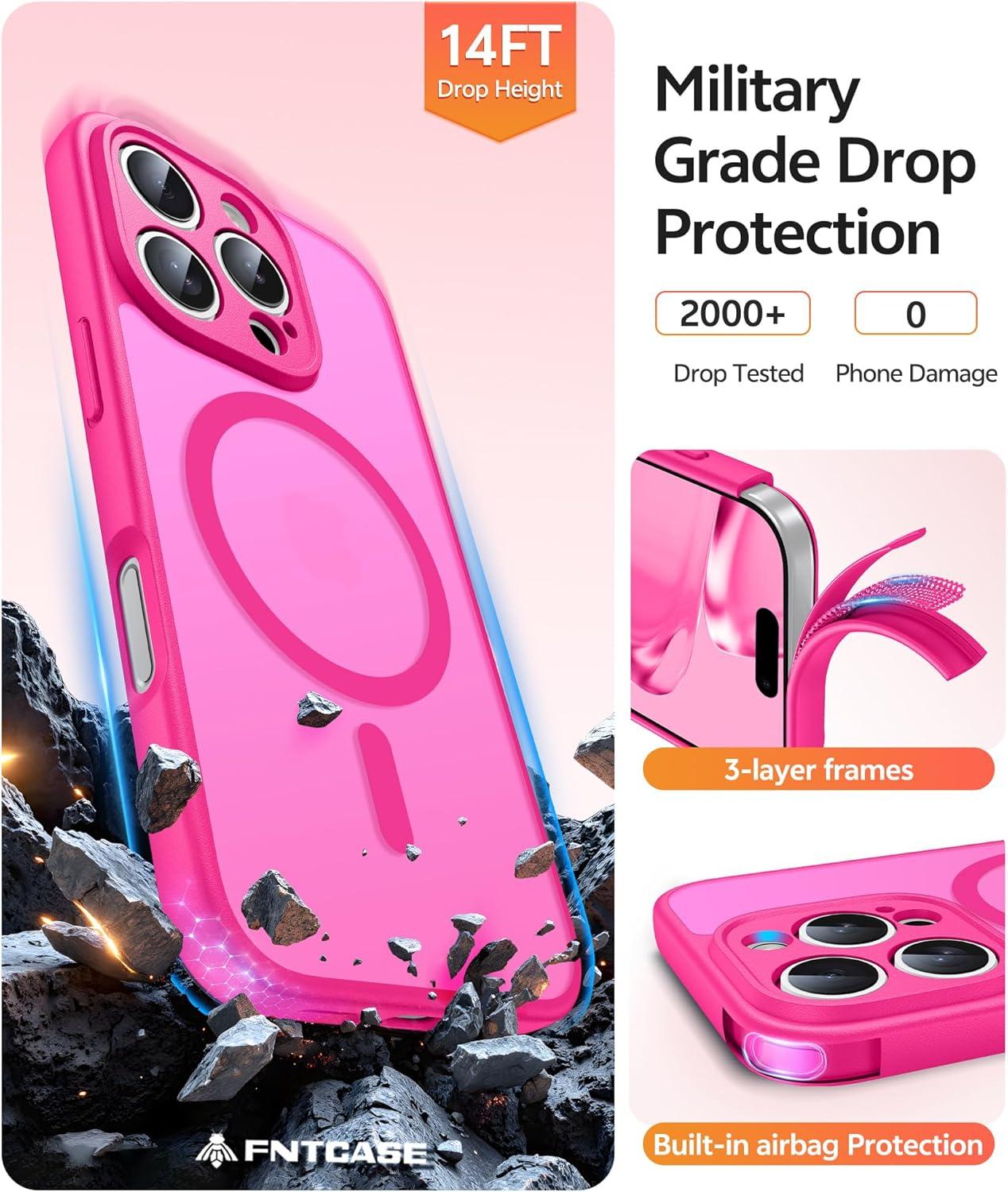 imageFNTCASE for iPhone 15 Pro Case Compatible with Magsafe Translucent Matte Magnetic Phone Cover Military Grade Drop Protection Shockproof Protective Cases BlackHot Pink