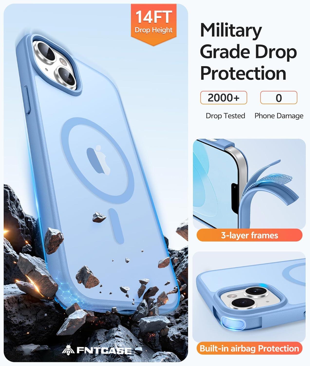 imageFNTCASE for iPhone 15 Pro Case Compatible with Magsafe Translucent Matte Magnetic Phone Cover Military Grade Drop Protection Shockproof Protective Cases BlackLight Blue