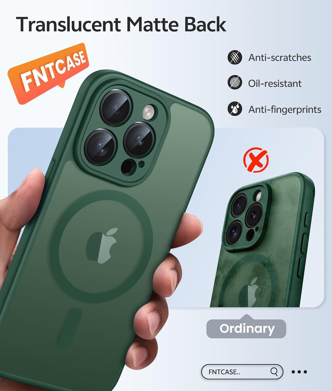 imageFNTCASE for iPhone 15 Pro Case Compatible with Magsafe Translucent Matte Magnetic Phone Cover Military Grade Drop Protection Shockproof Protective Cases BlackGreen