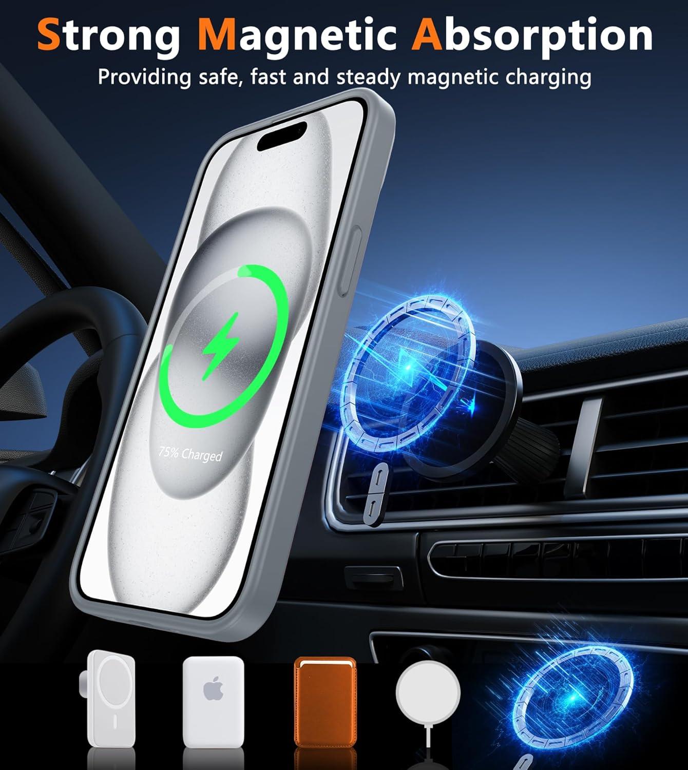 imageFNTCASE for iPhone 15 Pro Case Compatible with Magsafe Translucent Matte Magnetic Phone Cover Military Grade Drop Protection Shockproof Protective Cases BlackGray