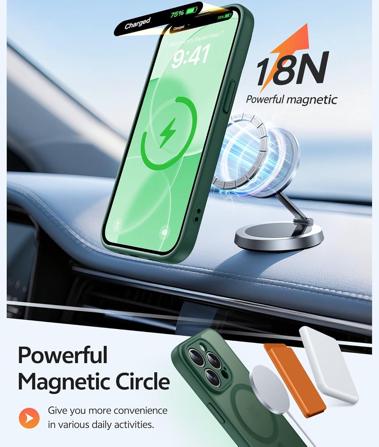 imageFNTCASE for iPhone 15 Pro Case Compatible with Magsafe Translucent Matte Magnetic Phone Cover Military Grade Drop Protection Shockproof Protective Cases BlackGreen