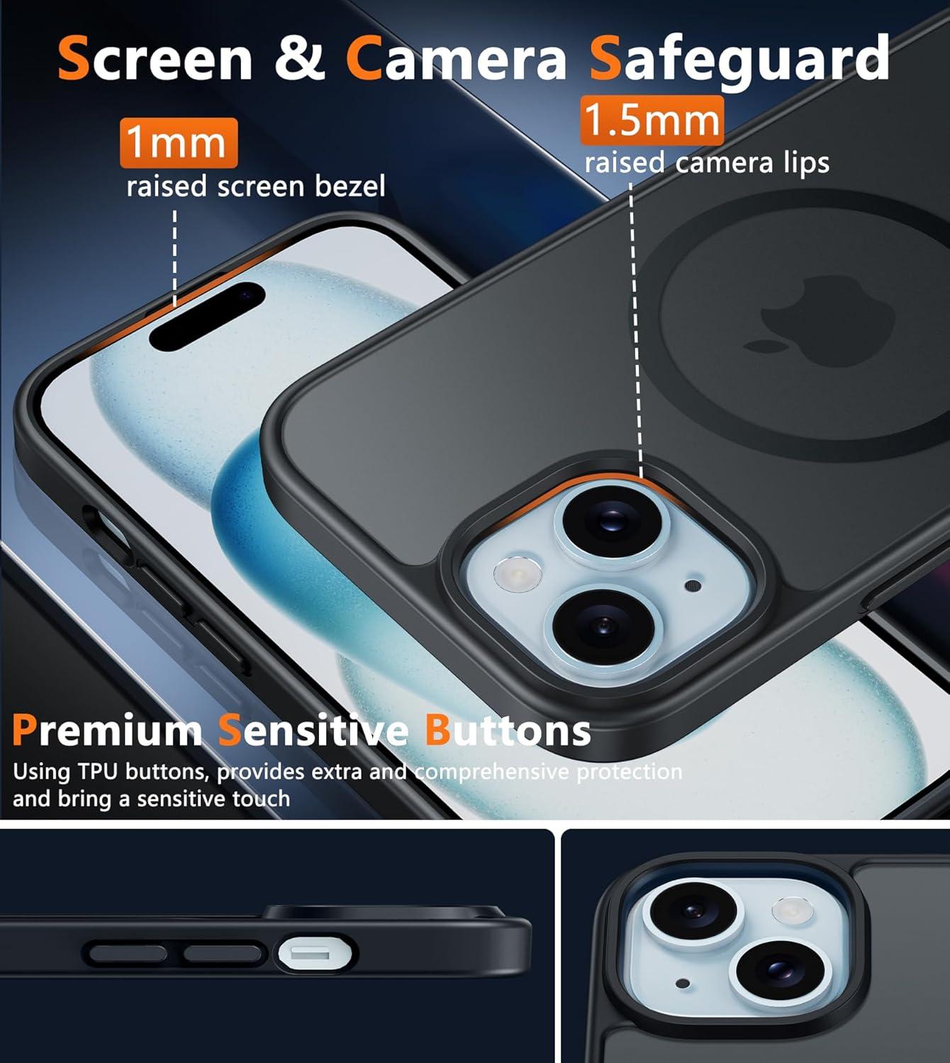 imageFNTCASE for iPhone 15 Pro Case Compatible with Magsafe Translucent Matte Magnetic Phone Cover Military Grade Drop Protection Shockproof Protective Cases BlackBlack