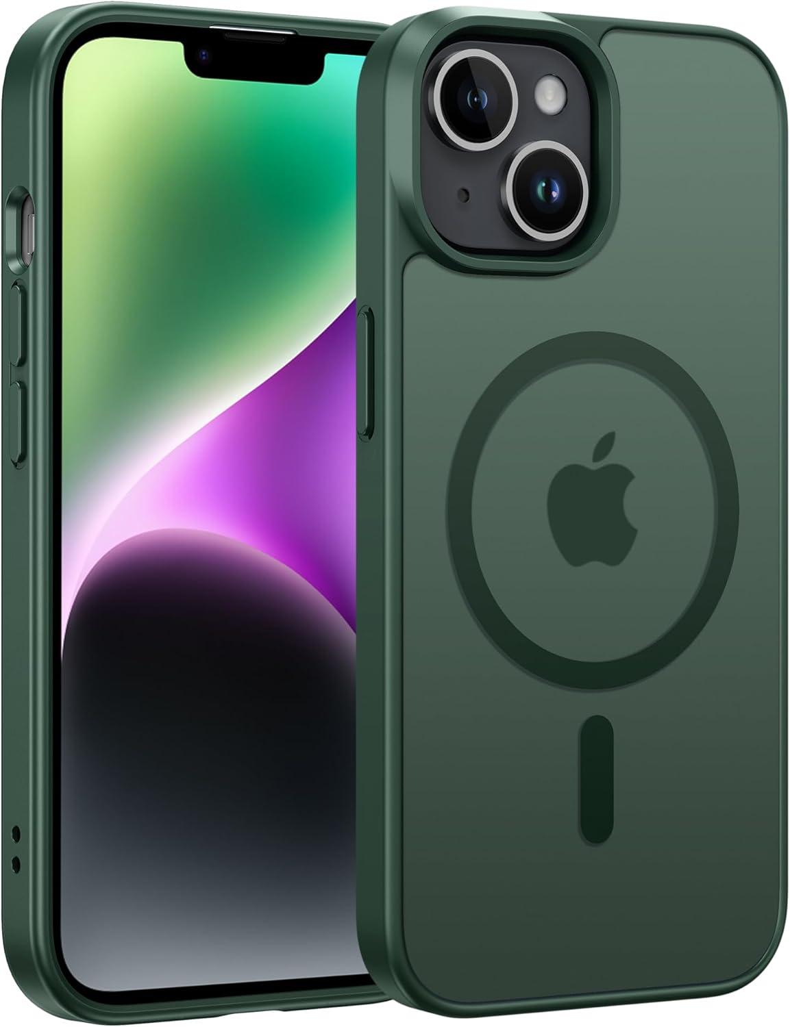 imageFNTCASE for iPhone 15 Pro Case Compatible with Magsafe Translucent Matte Magnetic Phone Cover Military Grade Drop Protection Shockproof Protective Cases BlackGreen