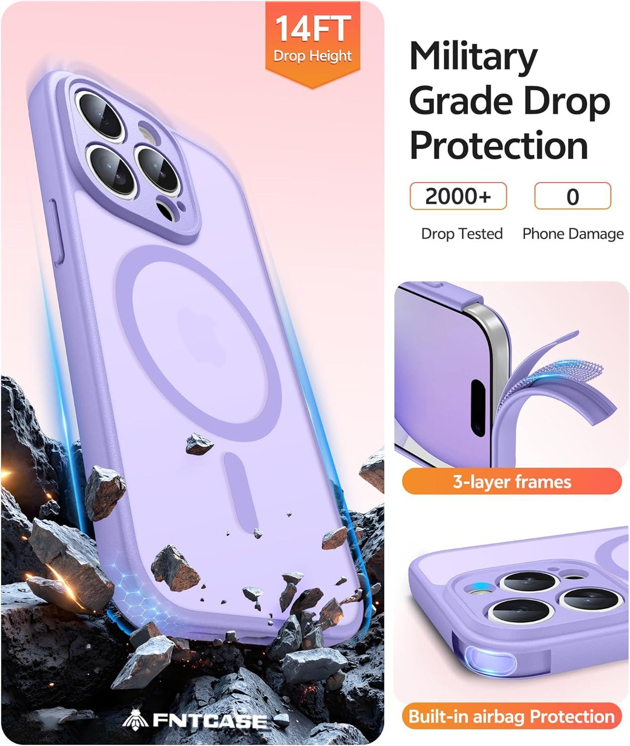 imageFNTCASE for iPhone 15 Pro Case Compatible with Magsafe Translucent Matte Magnetic Phone Cover Military Grade Drop Protection Shockproof Protective Cases BlackLight Purple