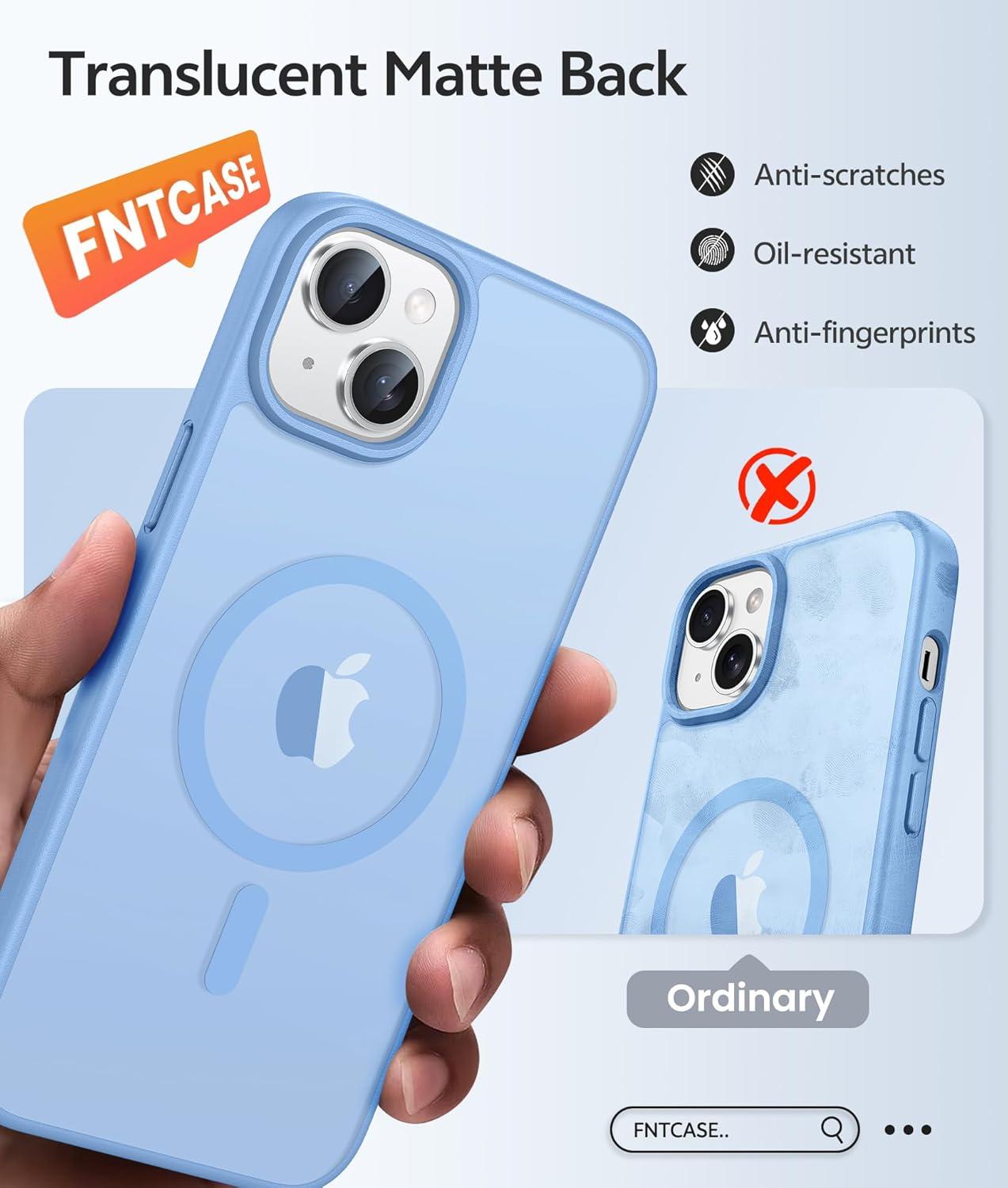 imageFNTCASE for iPhone 15 Pro Case Compatible with Magsafe Translucent Matte Magnetic Phone Cover Military Grade Drop Protection Shockproof Protective Cases BlackLight Blue
