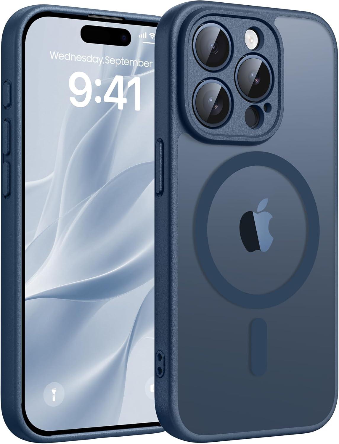 imageFNTCASE for iPhone 15 Pro Case Compatible with Magsafe Translucent Matte Magnetic Phone Cover Military Grade Drop Protection Shockproof Protective Cases BlackBlue
