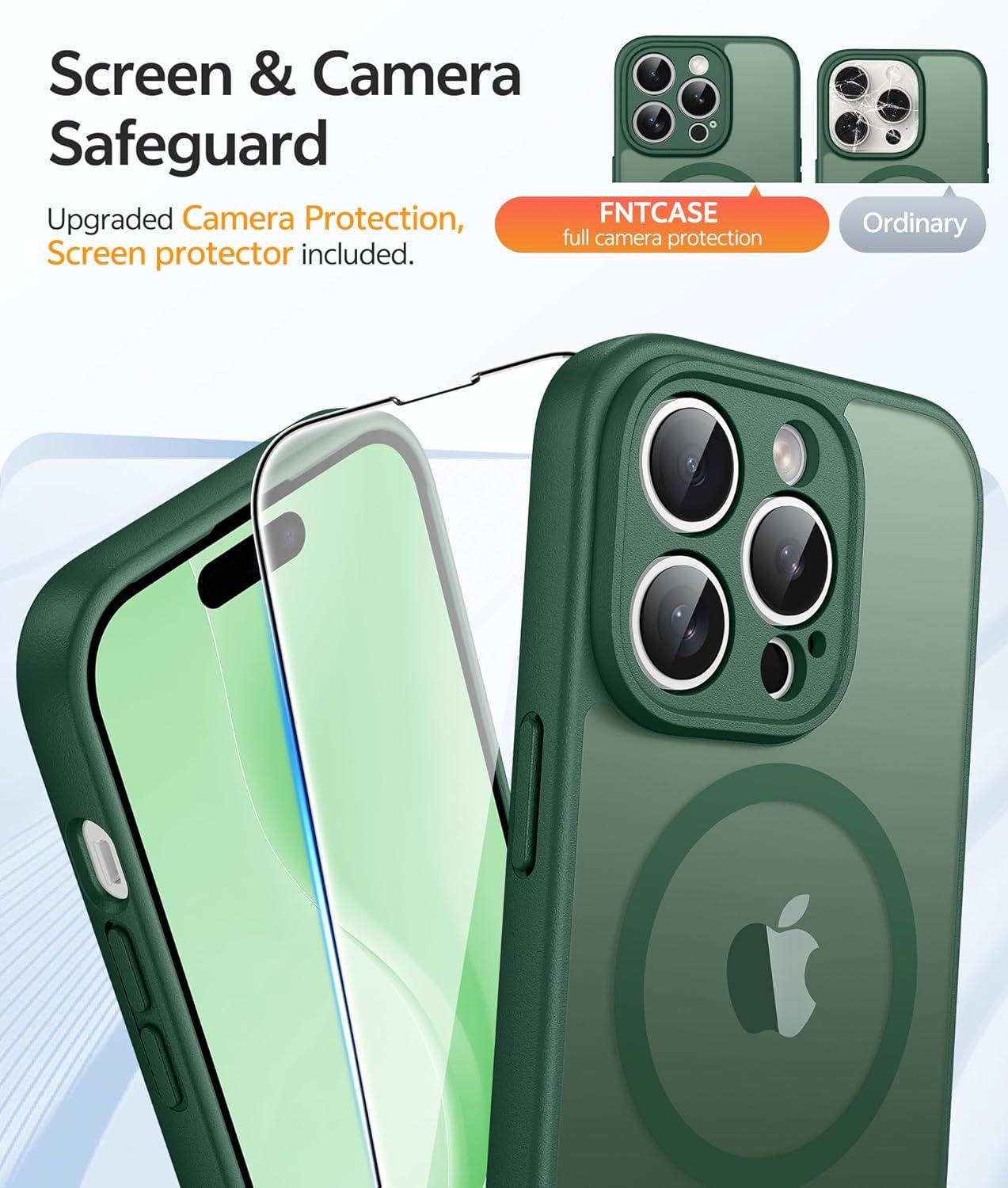 imageFNTCASE for iPhone 15 Pro Case Compatible with Magsafe Translucent Matte Magnetic Phone Cover Military Grade Drop Protection Shockproof Protective Cases BlackGreen