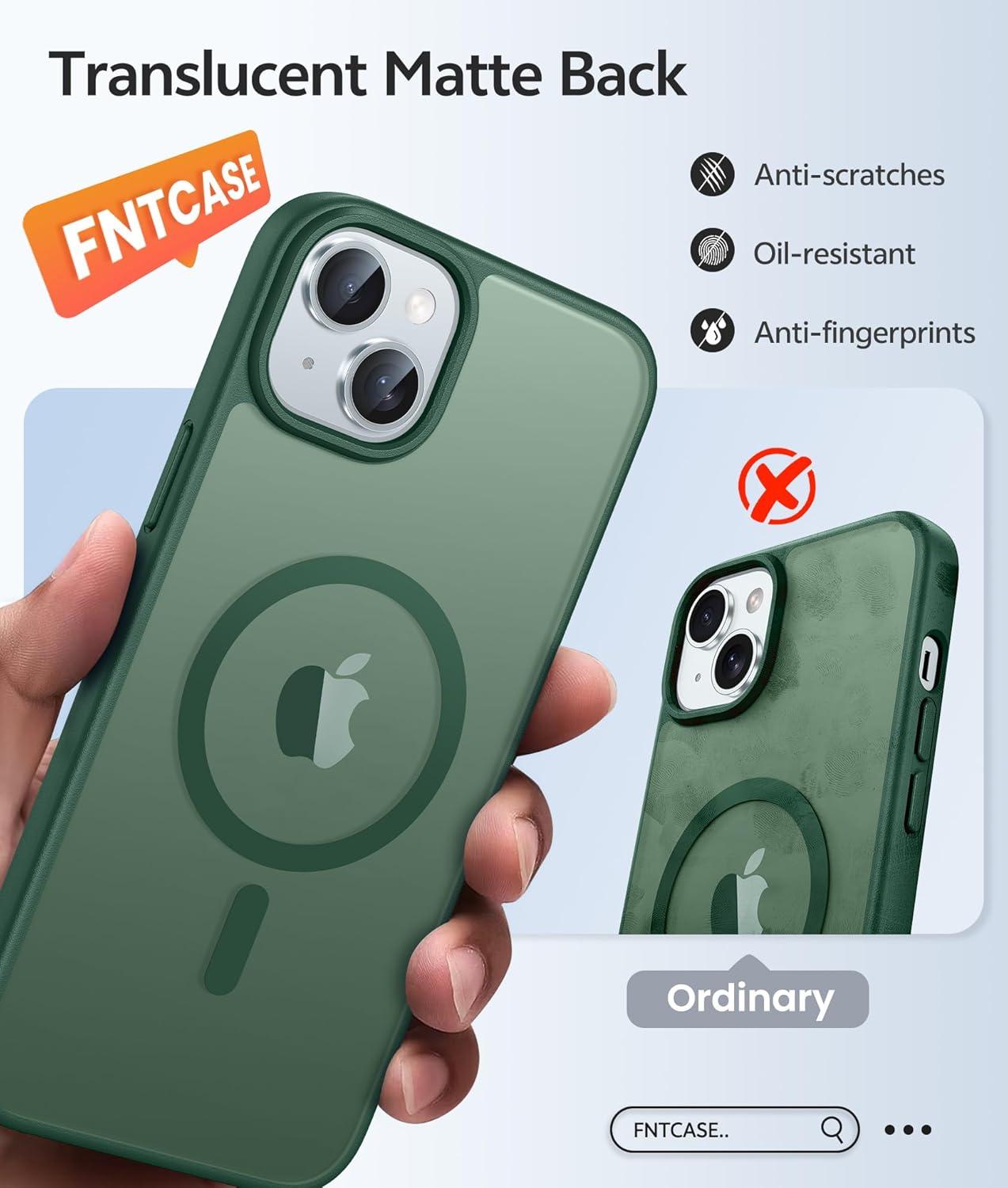 imageFNTCASE for iPhone 15 Pro Case Compatible with Magsafe Translucent Matte Magnetic Phone Cover Military Grade Drop Protection Shockproof Protective Cases BlackGreen