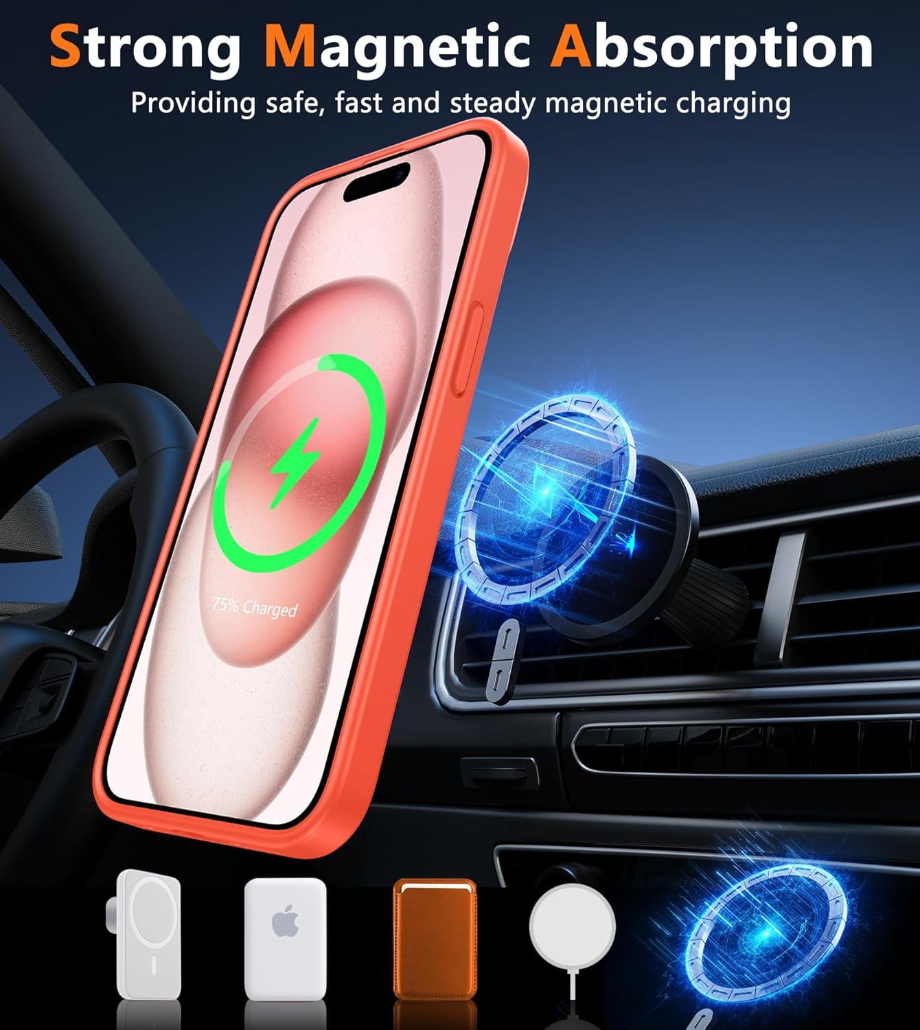 imageFNTCASE for iPhone 15 Pro Case Compatible with Magsafe Translucent Matte Magnetic Phone Cover Military Grade Drop Protection Shockproof Protective Cases BlackOrange