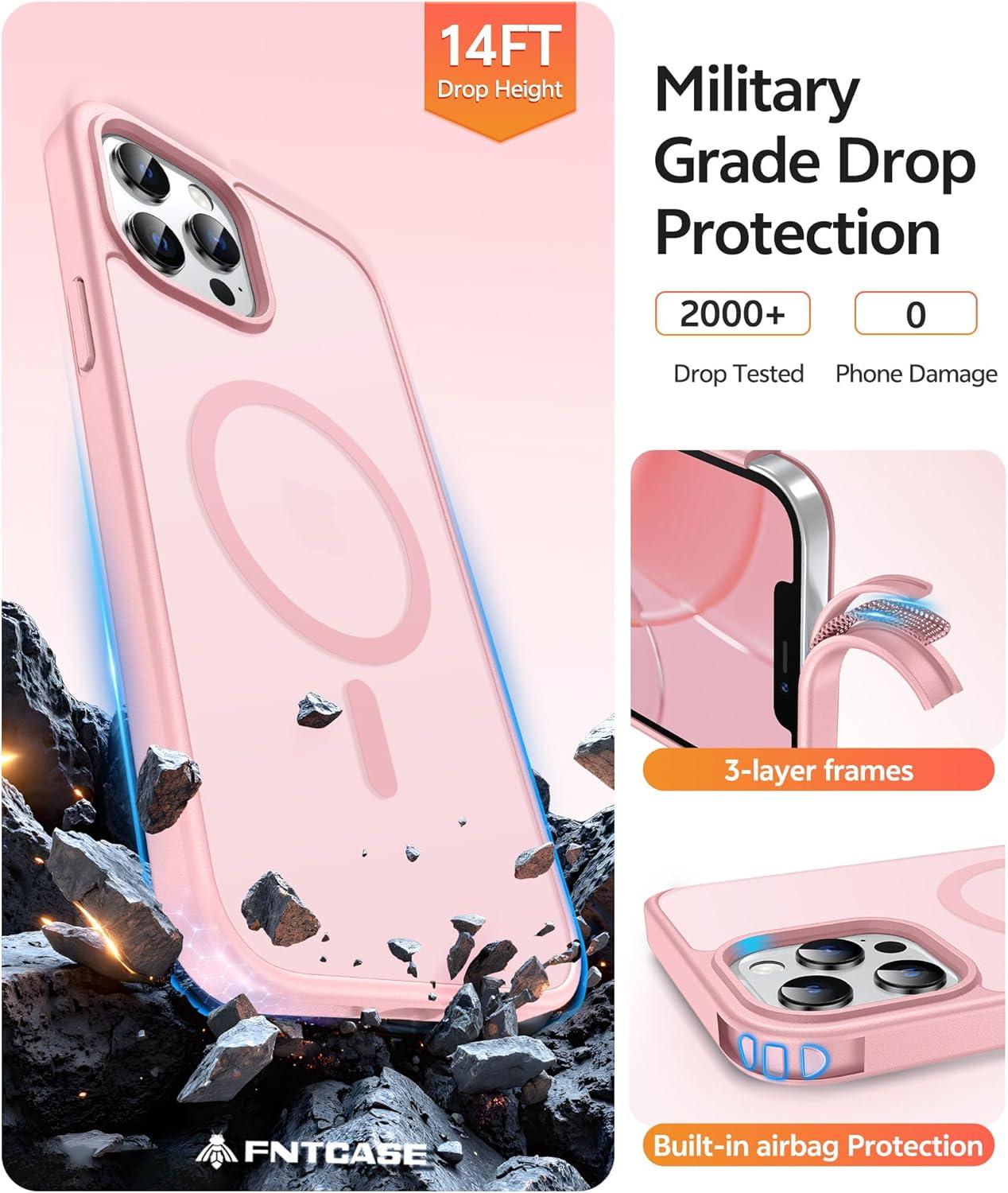 imageFNTCASE for iPhone 15 Pro Case Compatible with Magsafe Translucent Matte Magnetic Phone Cover Military Grade Drop Protection Shockproof Protective Cases BlackLight Pink