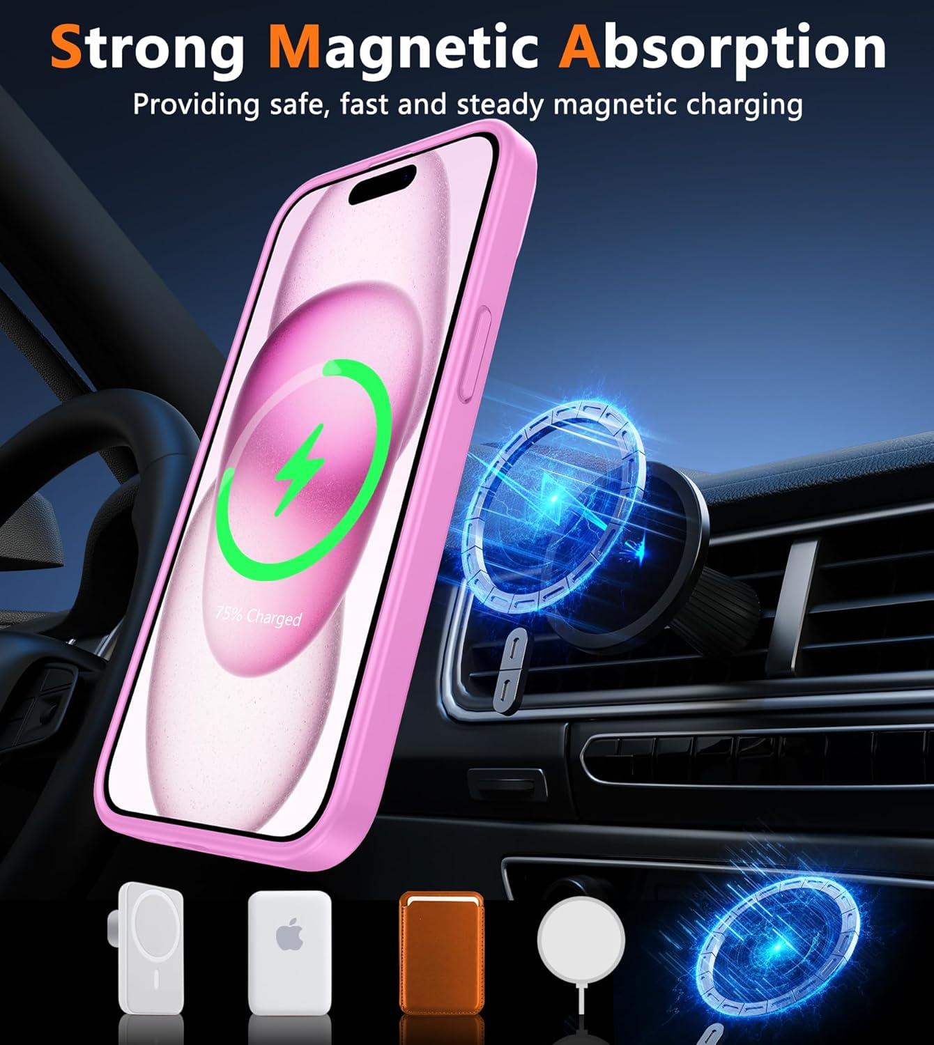 imageFNTCASE for iPhone 15 Pro Case Compatible with Magsafe Translucent Matte Magnetic Phone Cover Military Grade Drop Protection Shockproof Protective Cases BlackPink